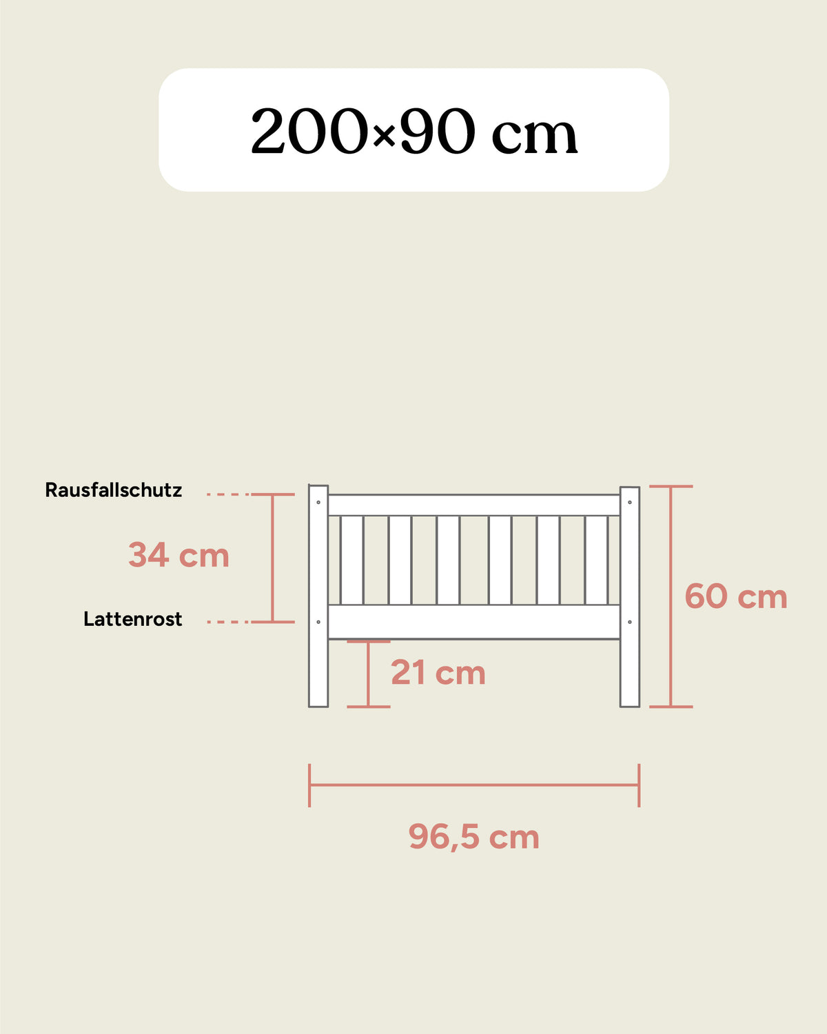 Maßangaben Kinderbett 200 mal 90 cm Frontansicht.