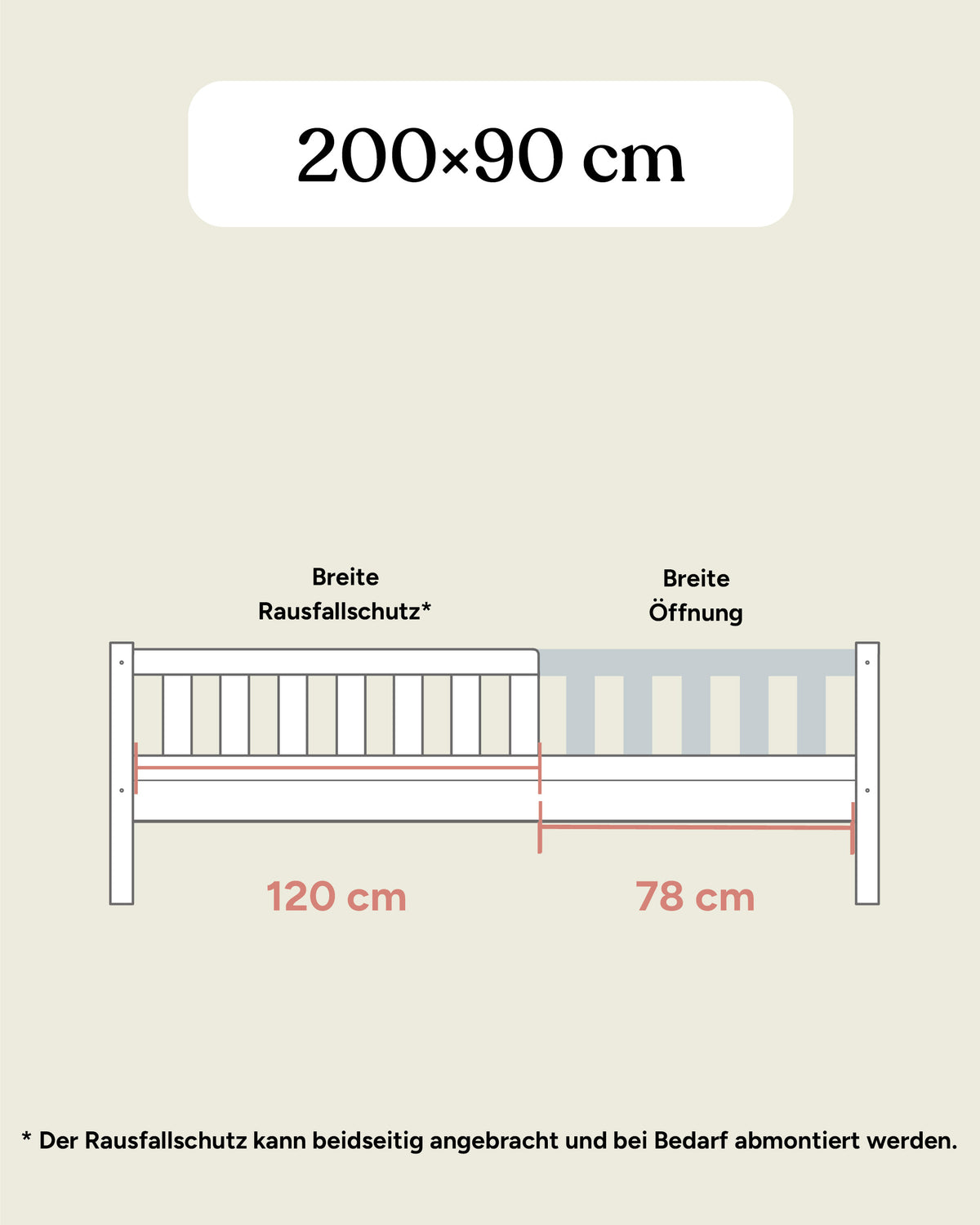 Maßangeben Kinderbett 200 mal 90 cm Seitenansicht.
