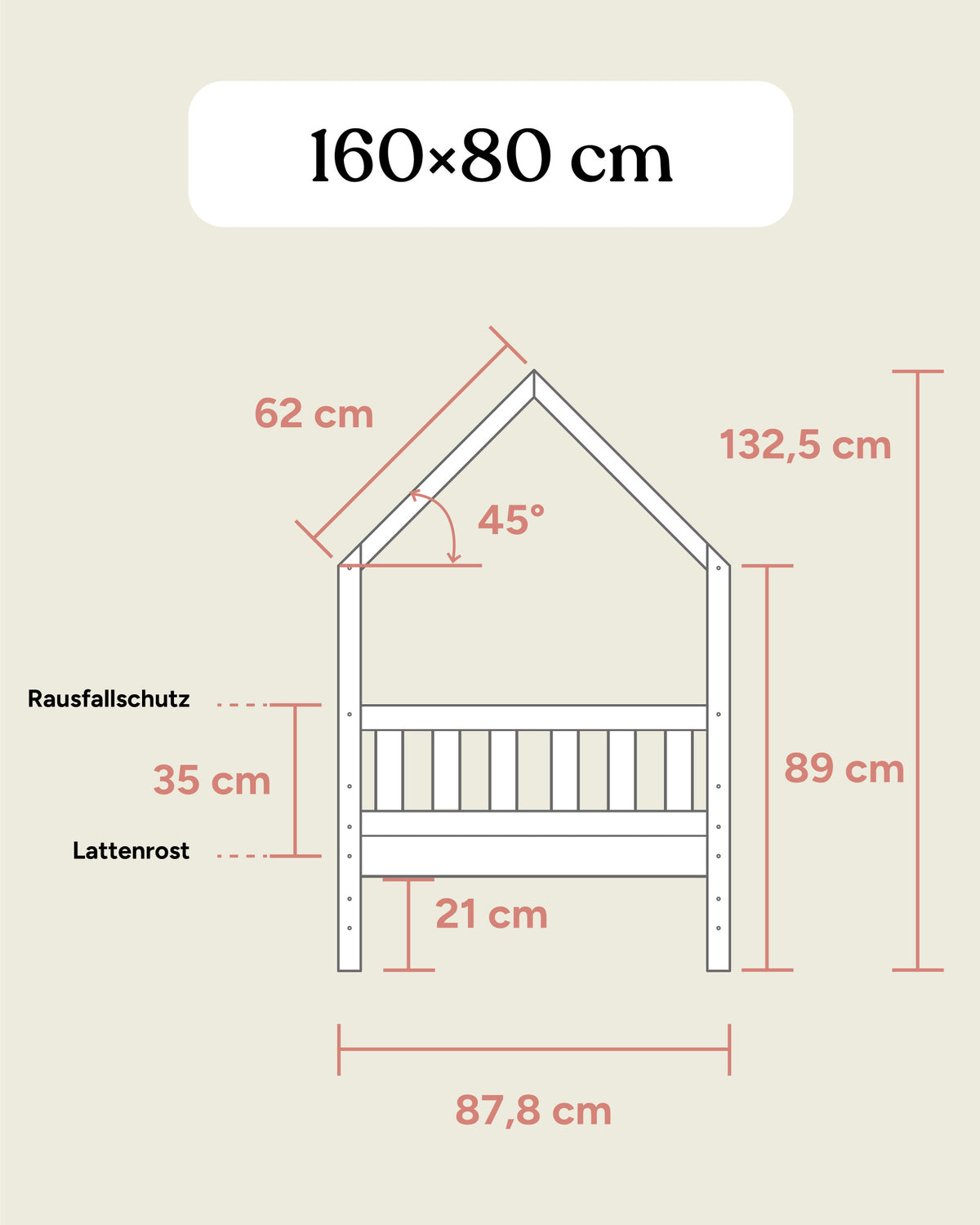 Maße Hausbett Kiefer 160x80 cm Frontansicht.
