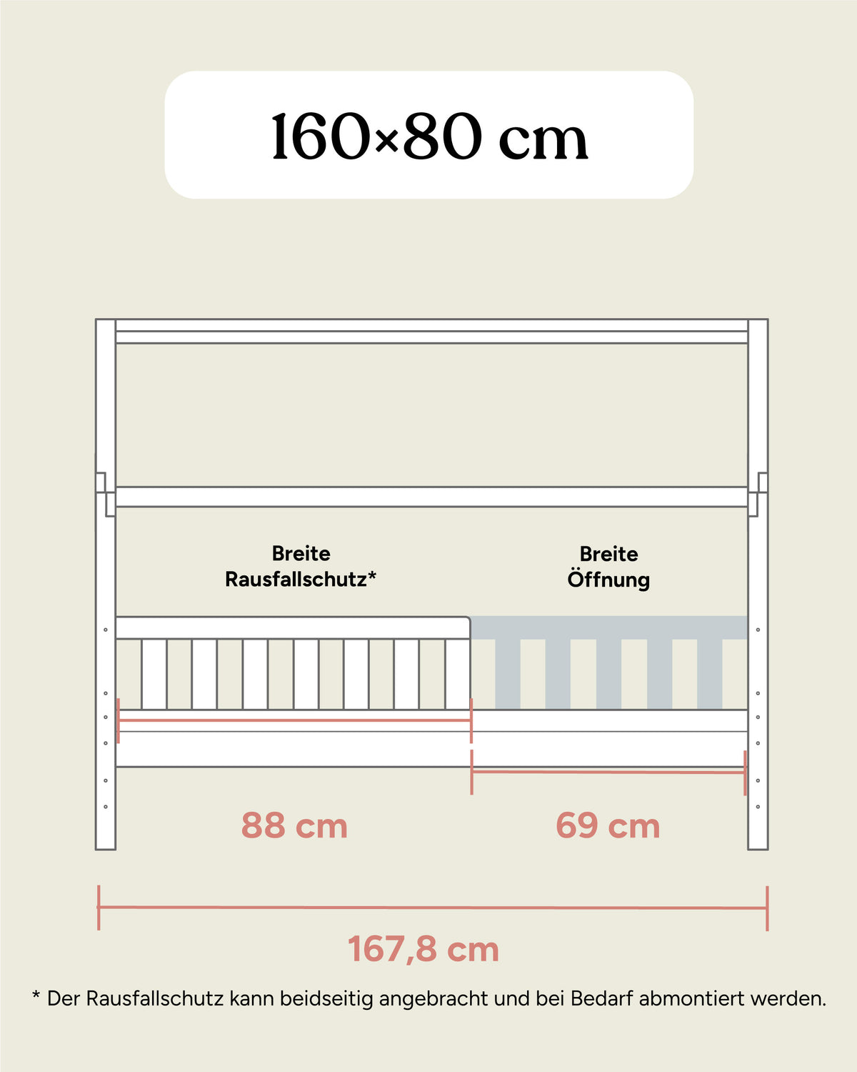 Maße Hausbett Kiefer 160x80 Seitenansicht.