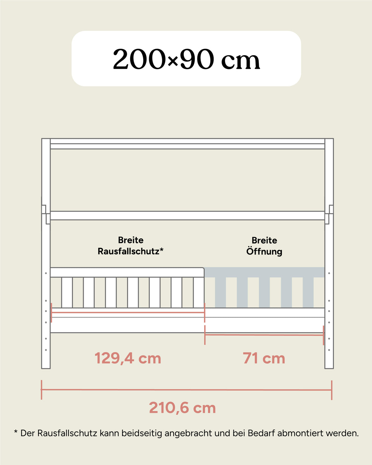 Maße Hausbett Kiefer 200x90 cm Seitenansicht.