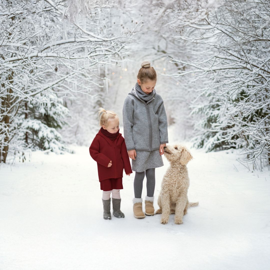 Adventszeit mit Kindern: Kinder mit Hund im Winterwald.