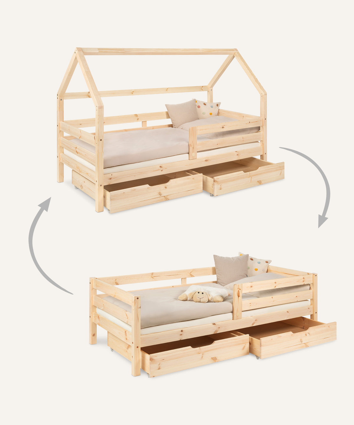 2in1 Kinder-und Hausbett Sona mit Doppelschubladen Natur.