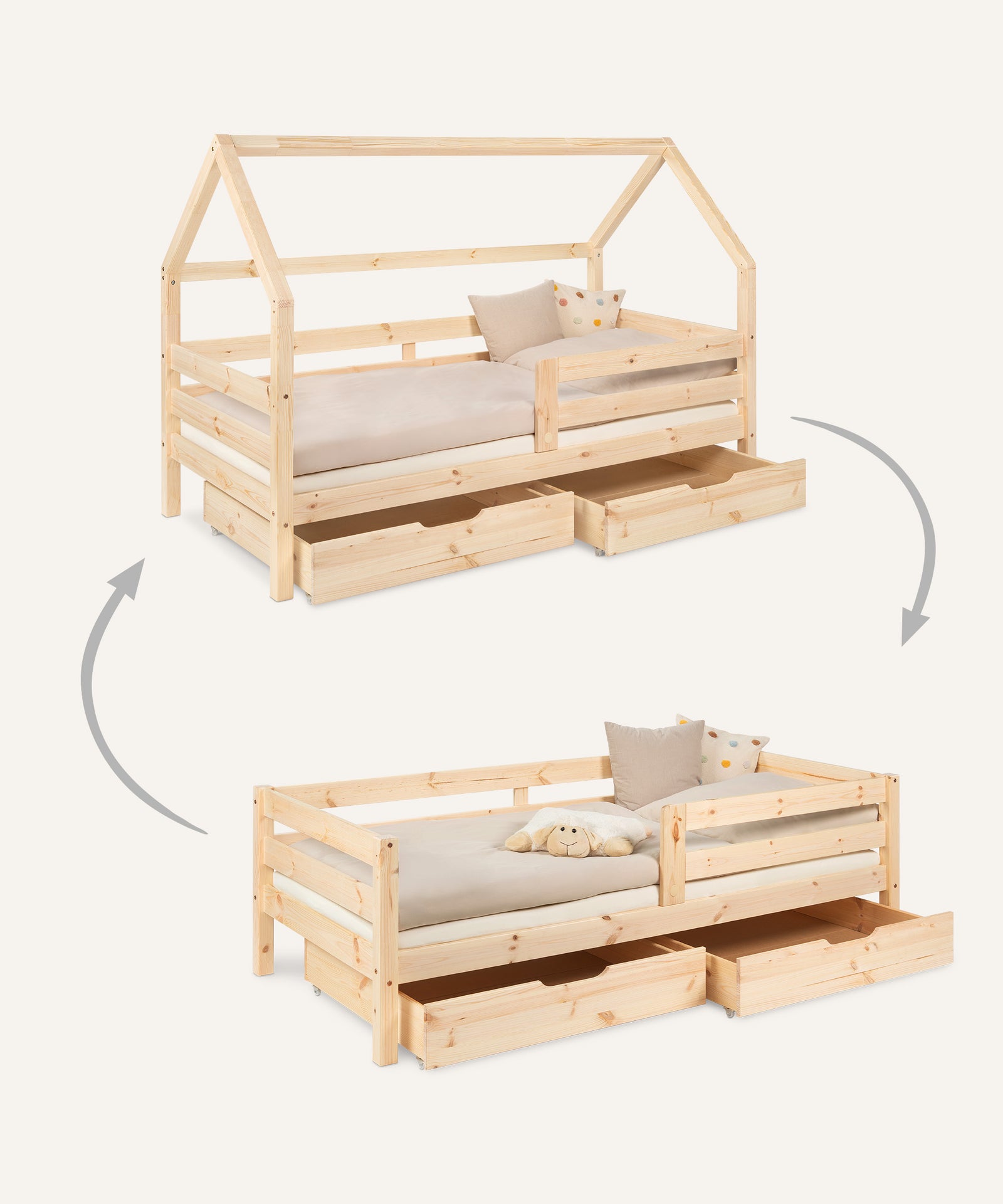 2in1 Kinder-und Hausbett Sona mit Doppelschubladen Natur.