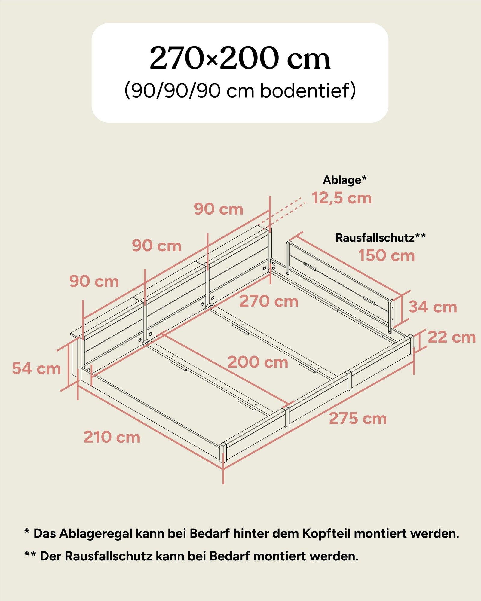 Maße Familienbett Esche 270x200 (90/90/90) bodentief.