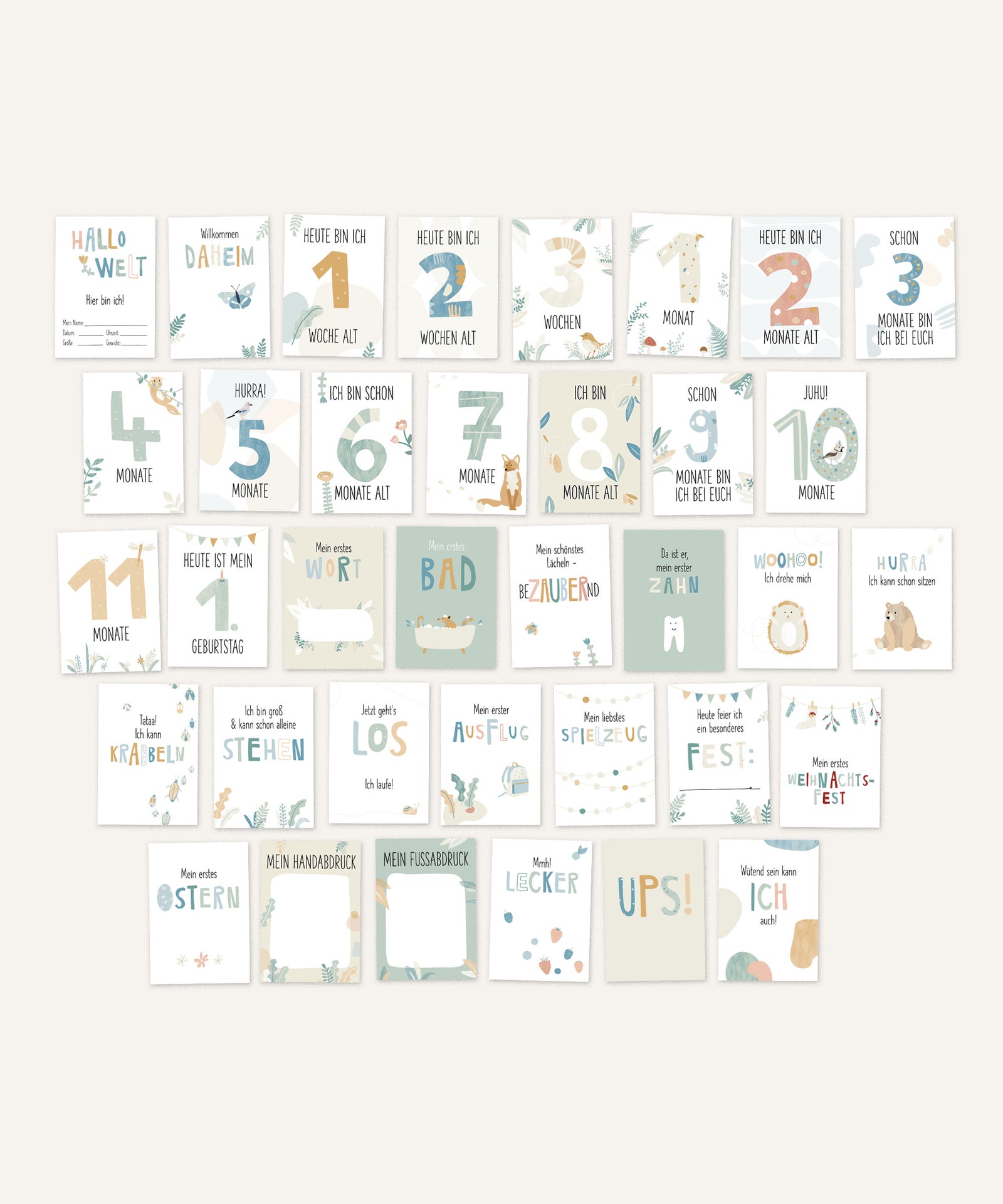 36 wichtige Meilensteine*Mit den 36 Meilensteinkarten im Postkartenformat (Din A6) ist das Set eine tolle Geschenkidee zu Babyparty oder Geburt.|Übersicht über alle Karten des Sets.