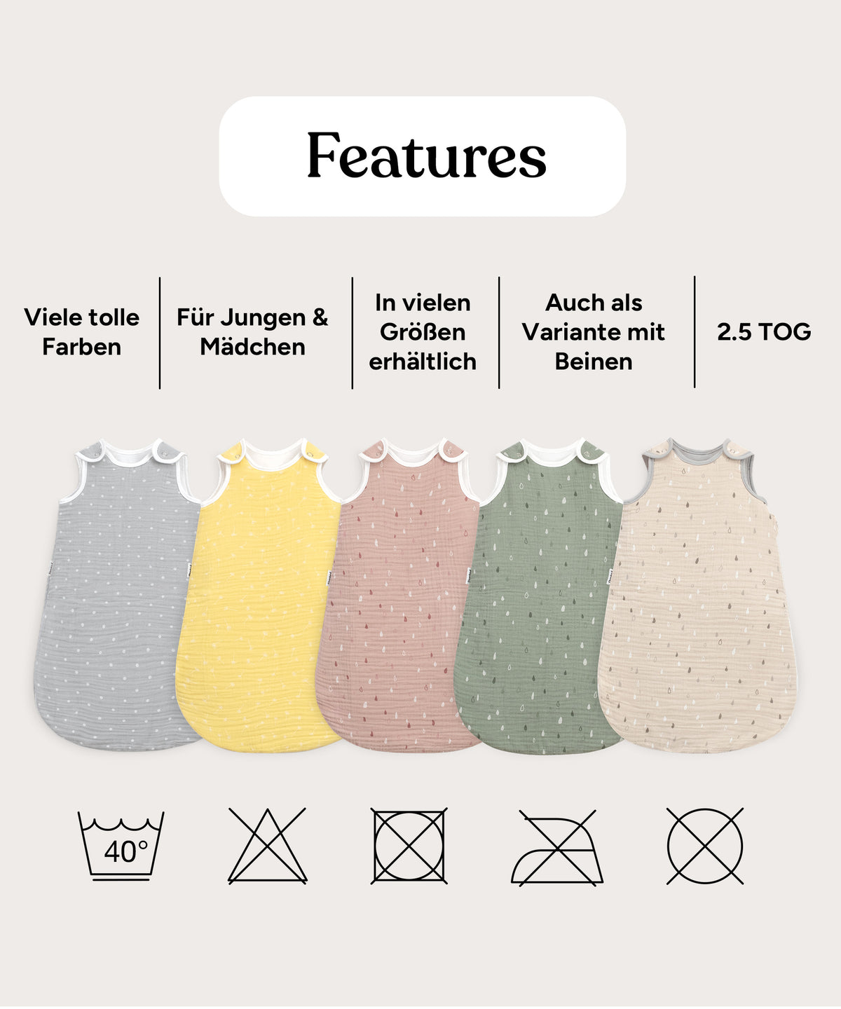 Musselin Babyschlafsack in verschiedenen Farben.