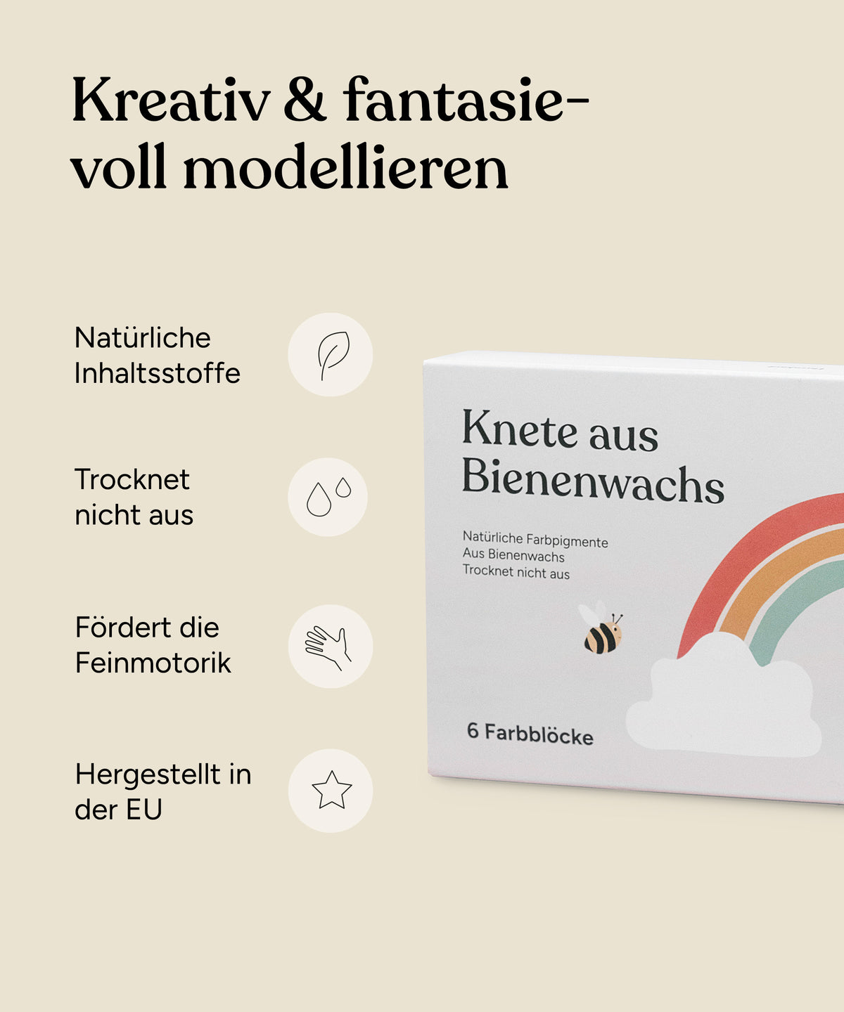 Übersicht Vorteile der Knete, nämlich natürliche Inhaltsstoffe, trocknet nicht aus, fördert die Feinmotorik und hergestellt in der EU.