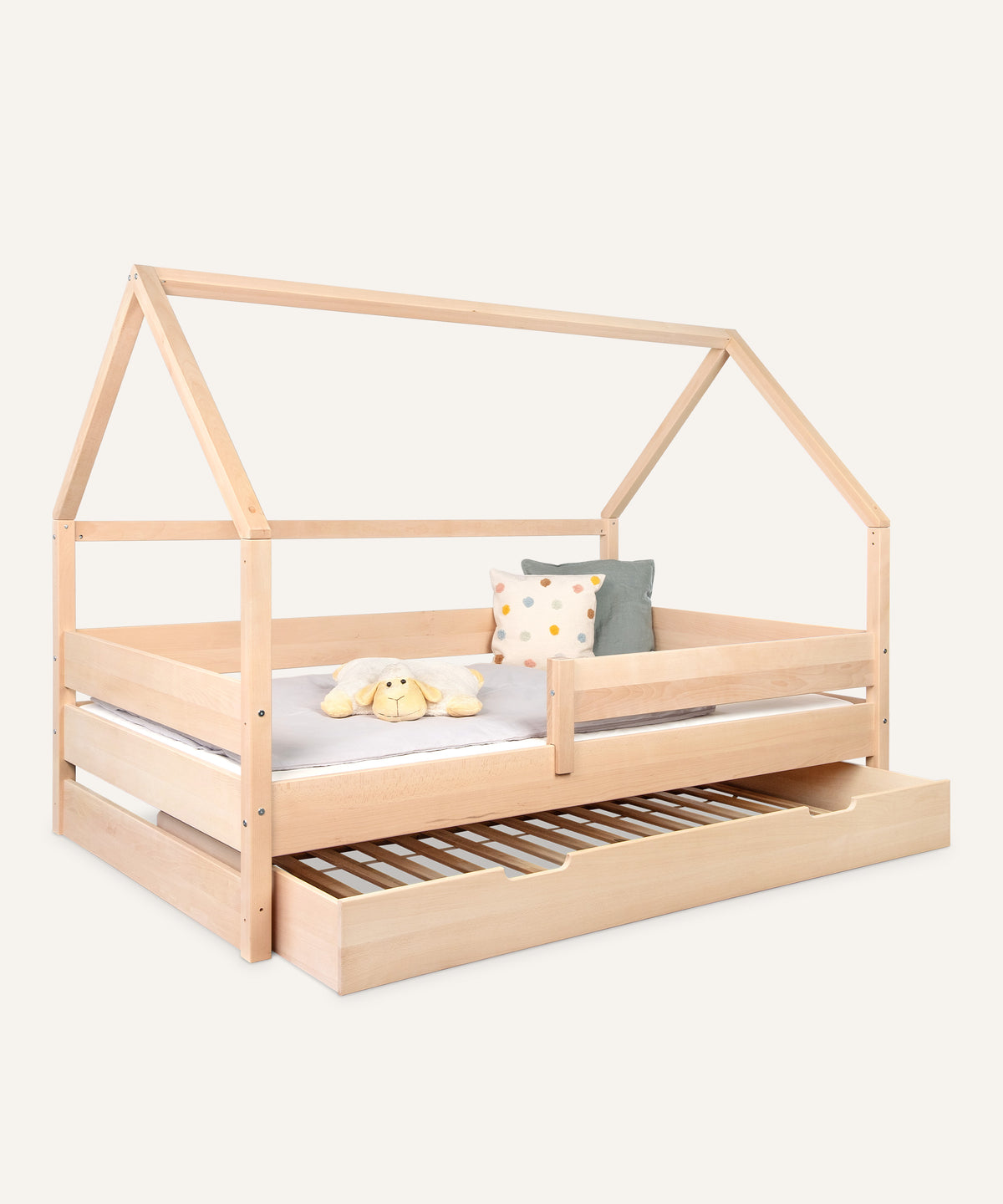 Ehrenkind Hausbett Buche B3 mit Bettkasten 120x200 Natur.