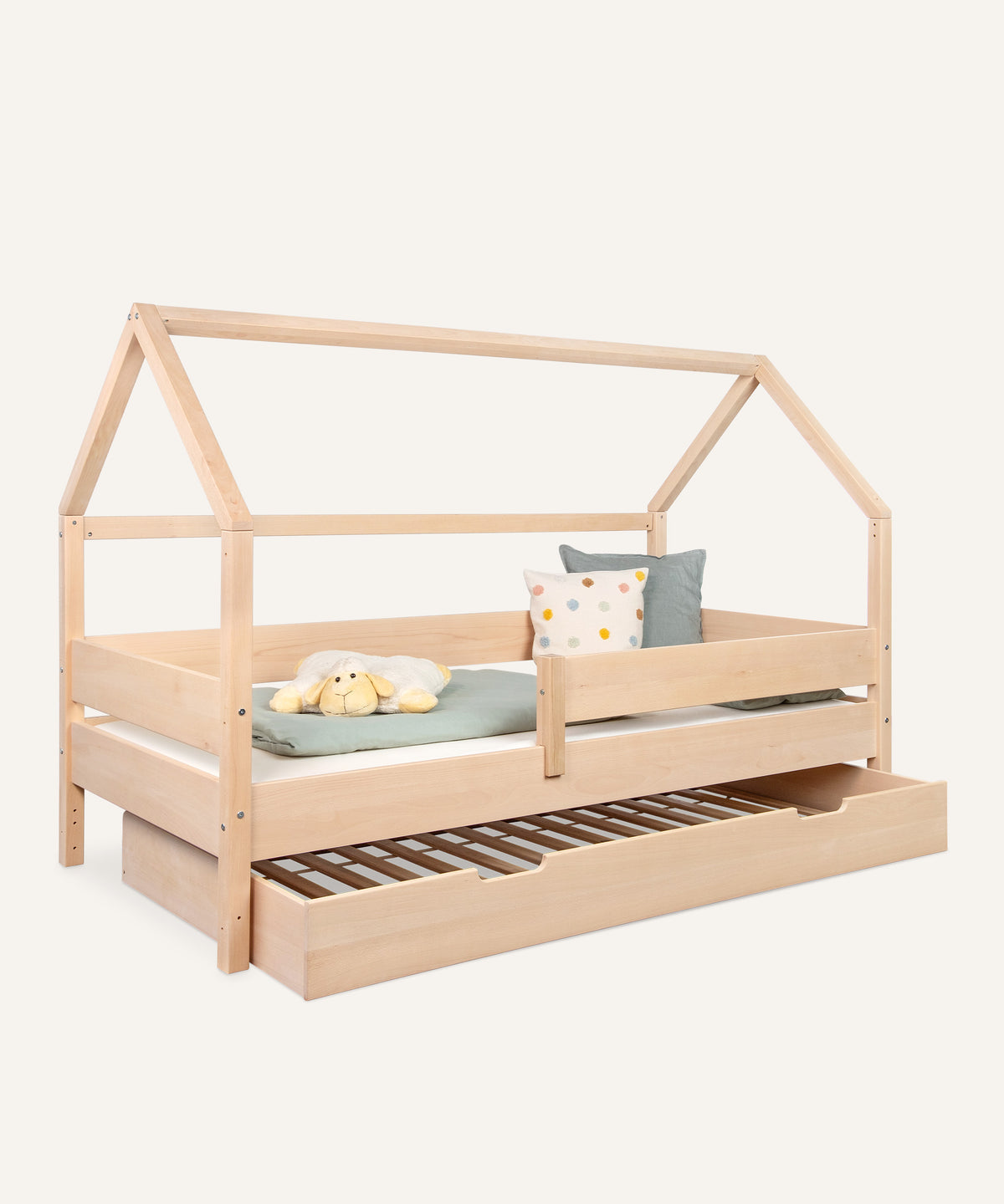Ehrenkind Hausbett Buche B3 mit Bettkasten 90x200 Natur.