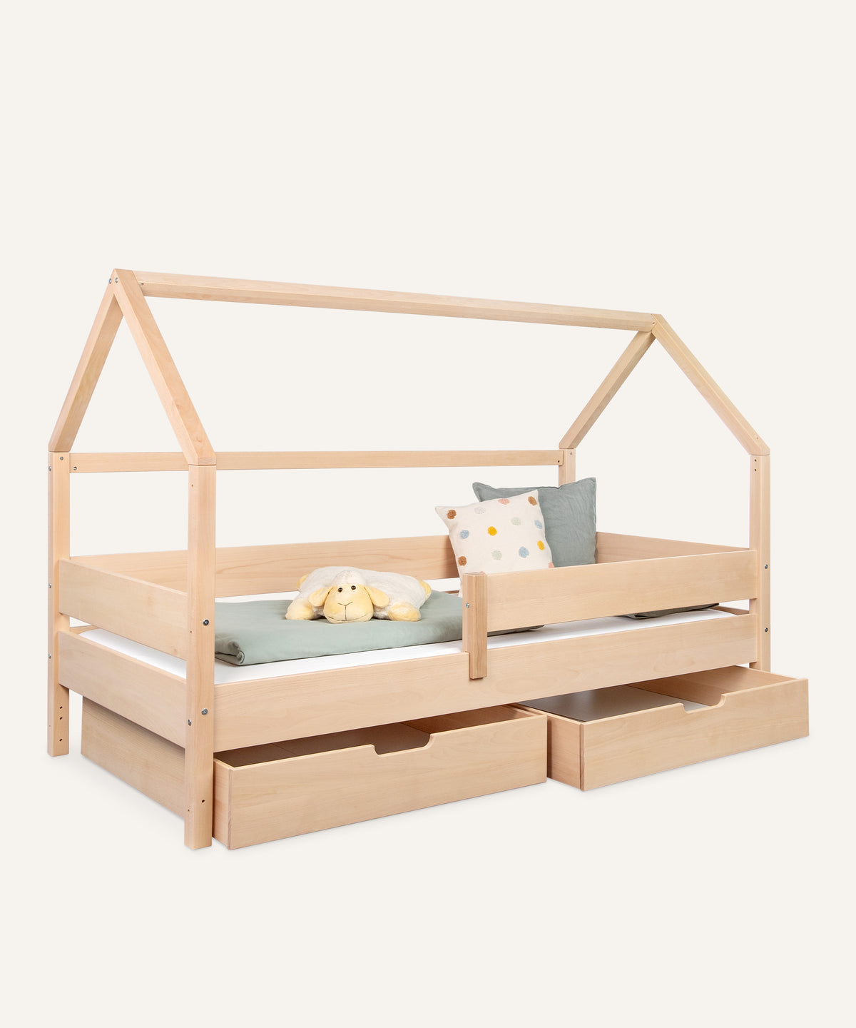 Ehrenkind Hausbett Buche B3 mit Doppelschubladen 90x200 Natur.