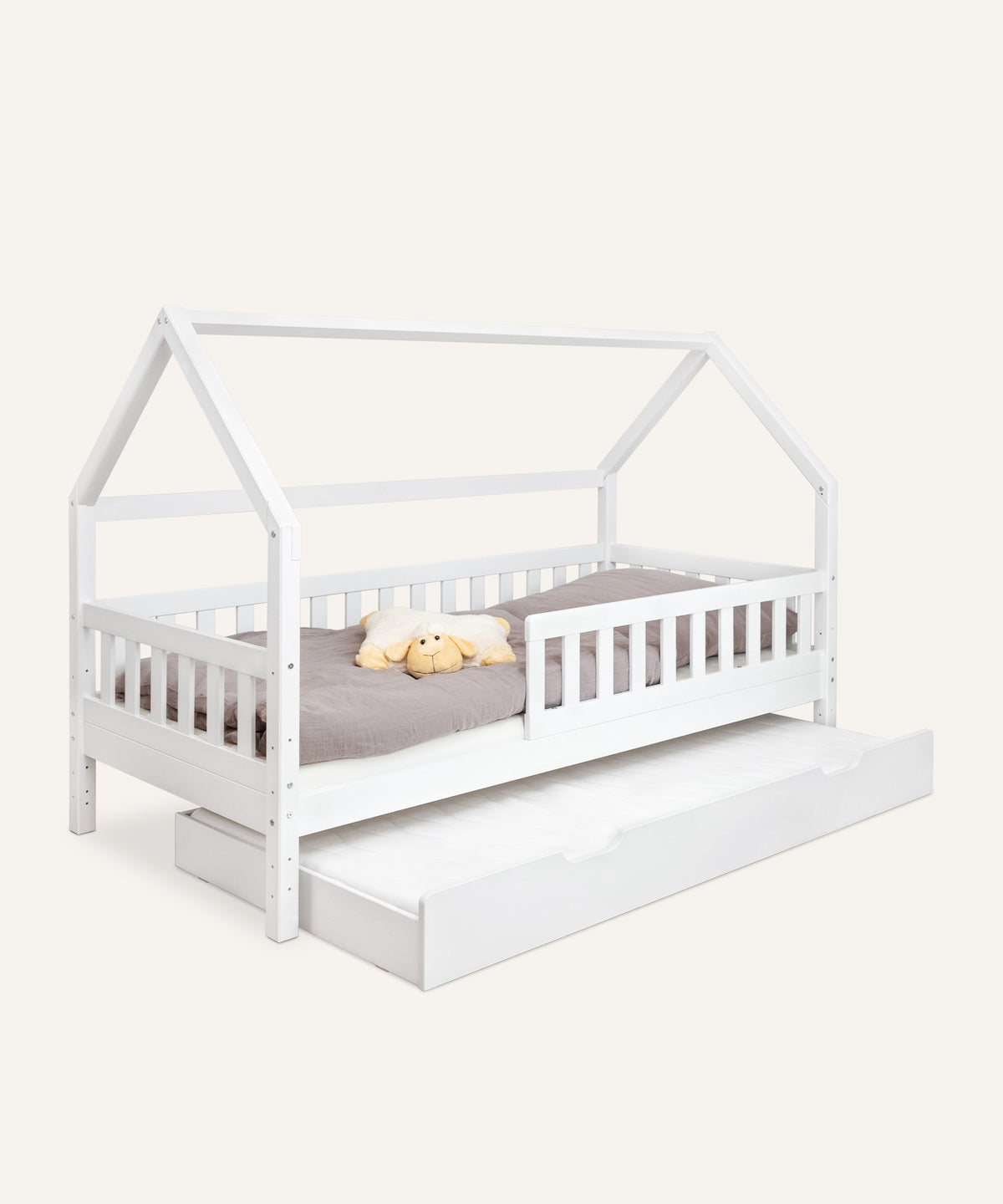 Ehrenkind Hausbett Kiefer Weiß mit Bettkasten.