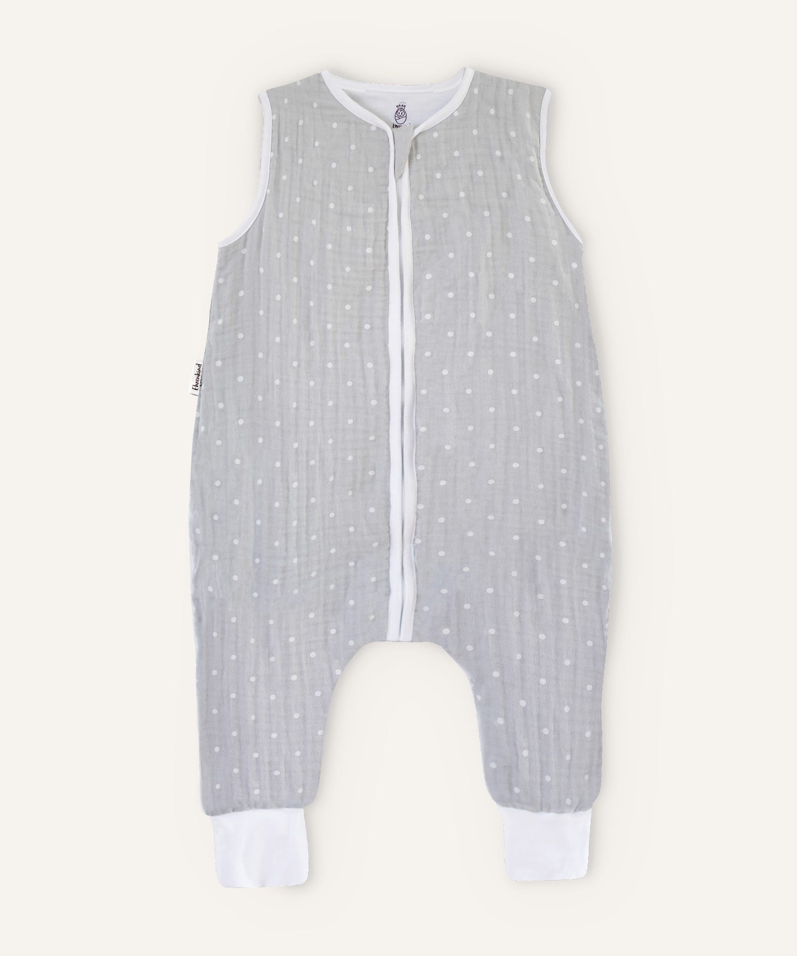 Ehrenkind Musselin Sommerschlafsack mit Beinen grau weiße Tupfen.