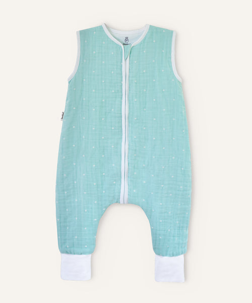 Ehrenkind Musselin Sommerschlafsack mit Beinen mint weiße Sterne.