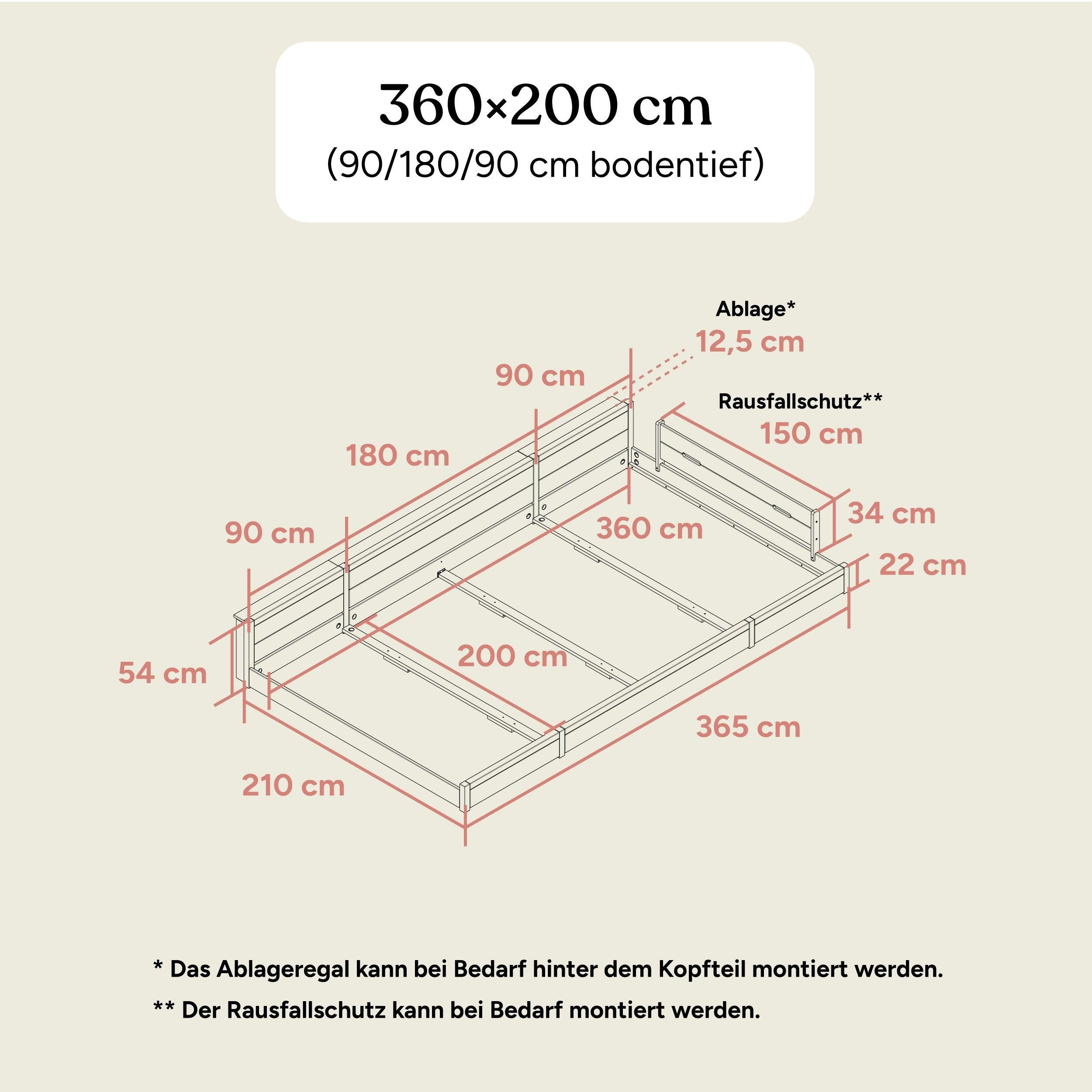 Familienbett | Birke Transparent | 360x200 (90/180/90) | Bodentief