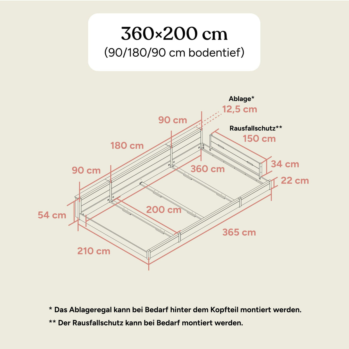 Familienbett | Esche - Eiche gebeizt | 360x200 (90/180/90) | Bodentief