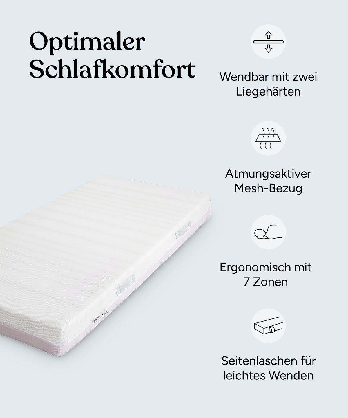 Vorteile der Family Matratze: Wendbar mit zwei Liegehärten, atmungsaktiver Mesh-Bezug, ergonomisch mit 7 Zonen, Seitenlaschen für leichtes Wenden.