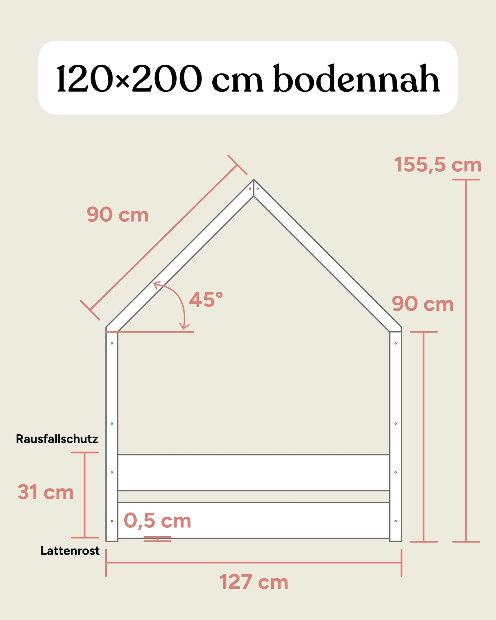 Größengrafik Hausbett Buche B3 120x200 bodennah Seitenansicht.
