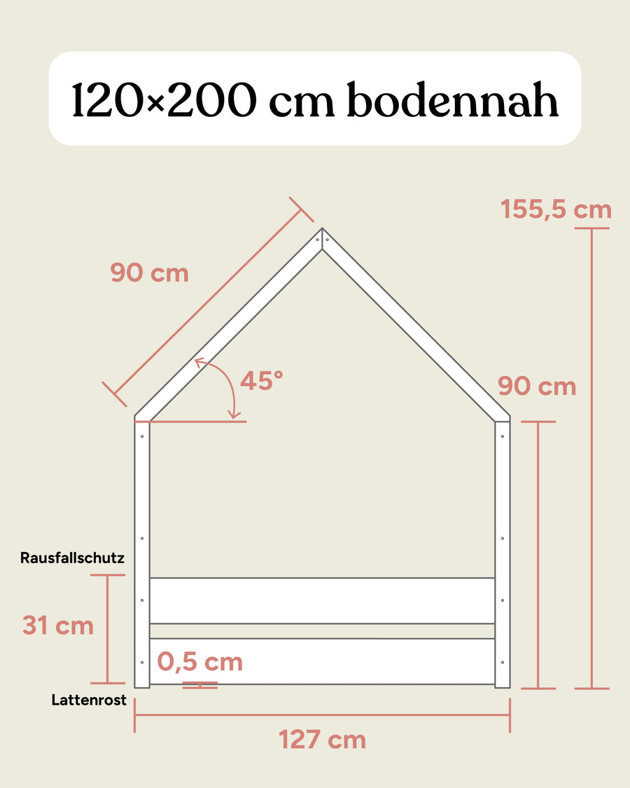 Größengrafik Hausbett Buche B3 120x200 bodennah Seitenansicht.