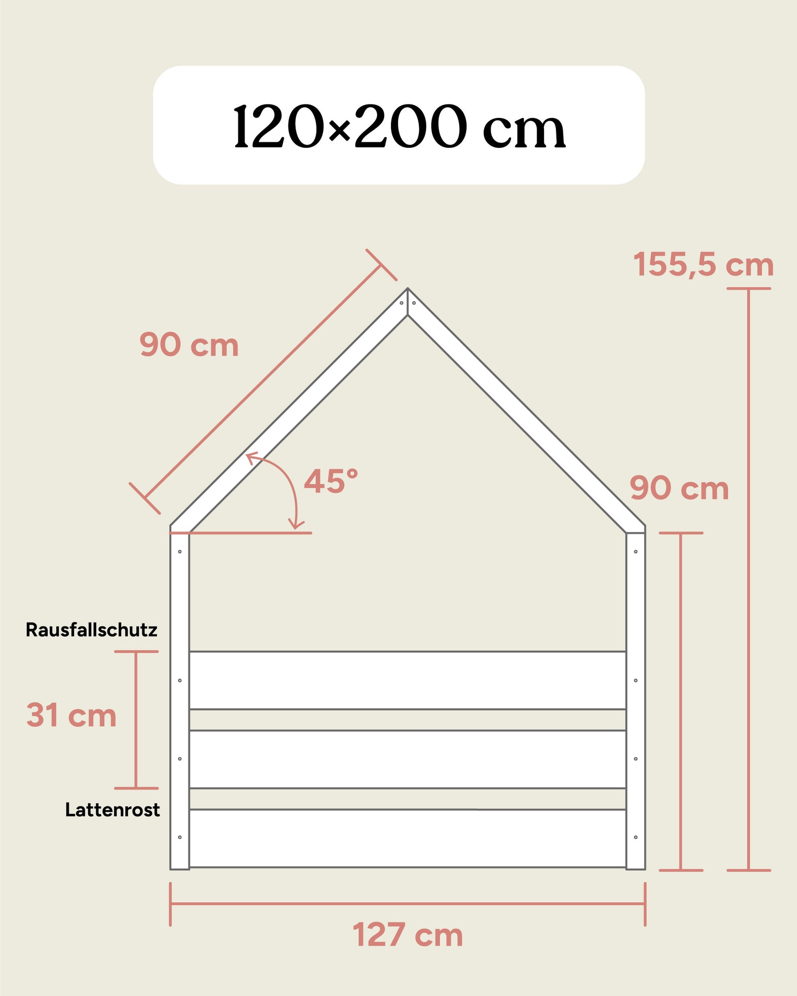Größengrafik Hausbett Buche B3 120x200 Seitenansicht.