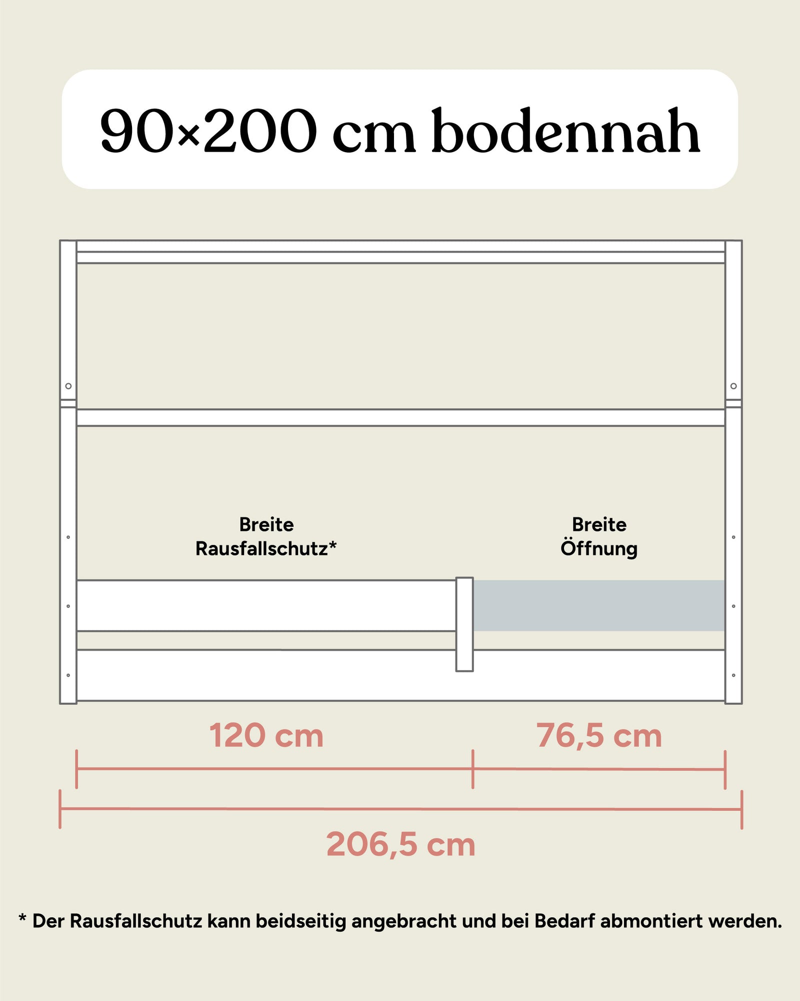 Größengrafik Hausbett Buche B3 90x200 bodennah Frontansicht.