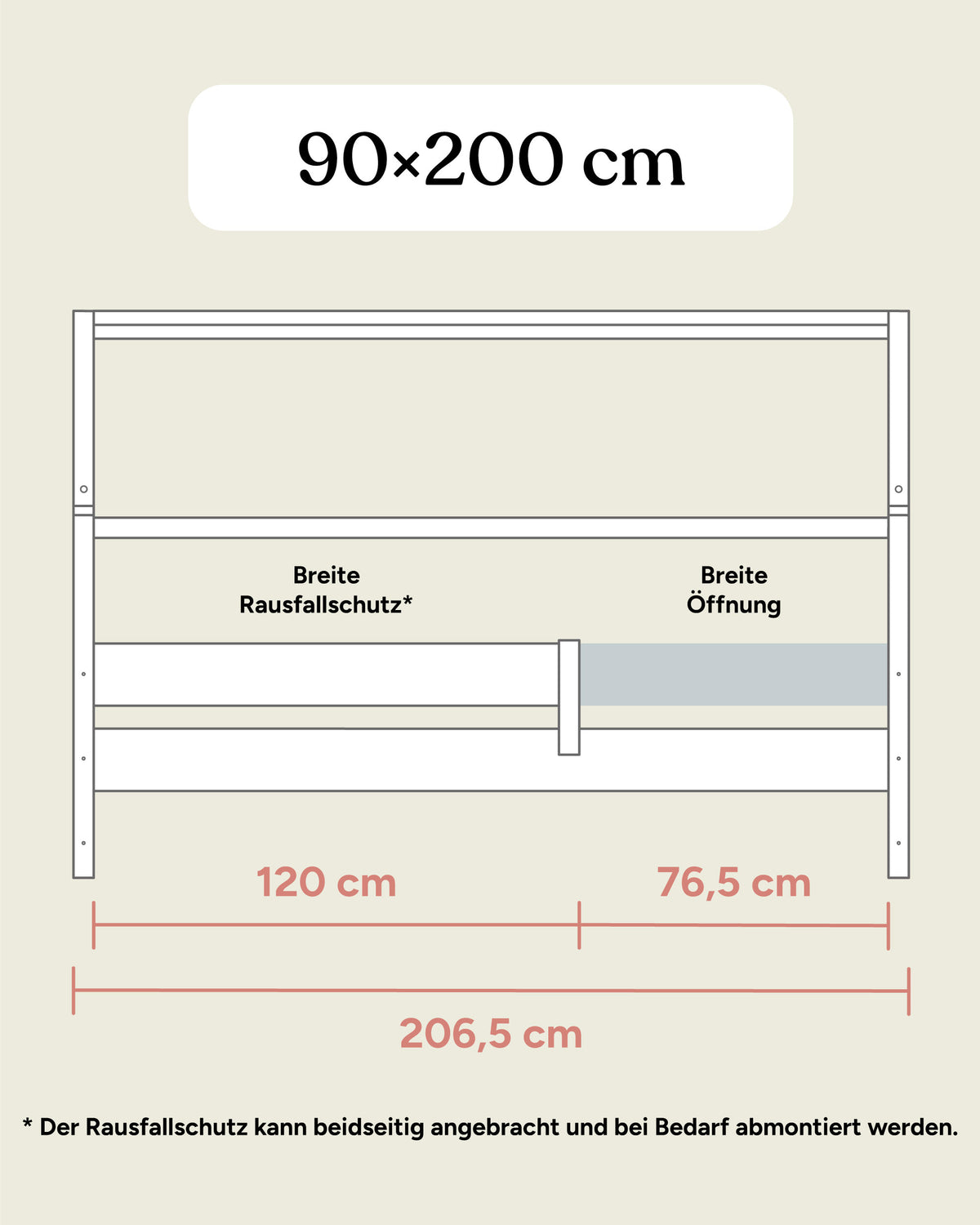 Größengrafik Hausbett Buche B3 90x200 Frontansicht.