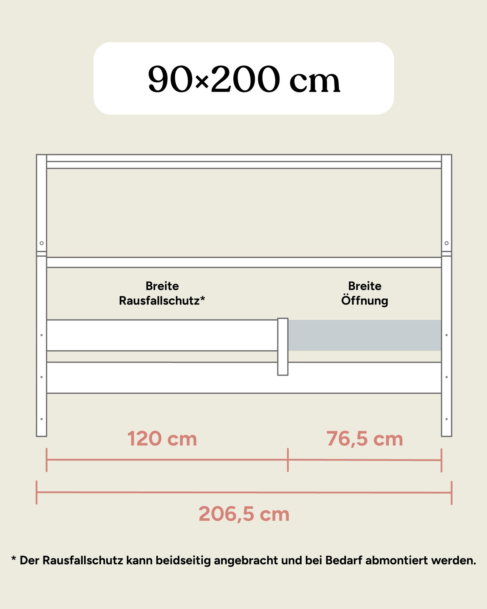 Größengrafik Hausbett Buche B3 90x200 Frontansicht.