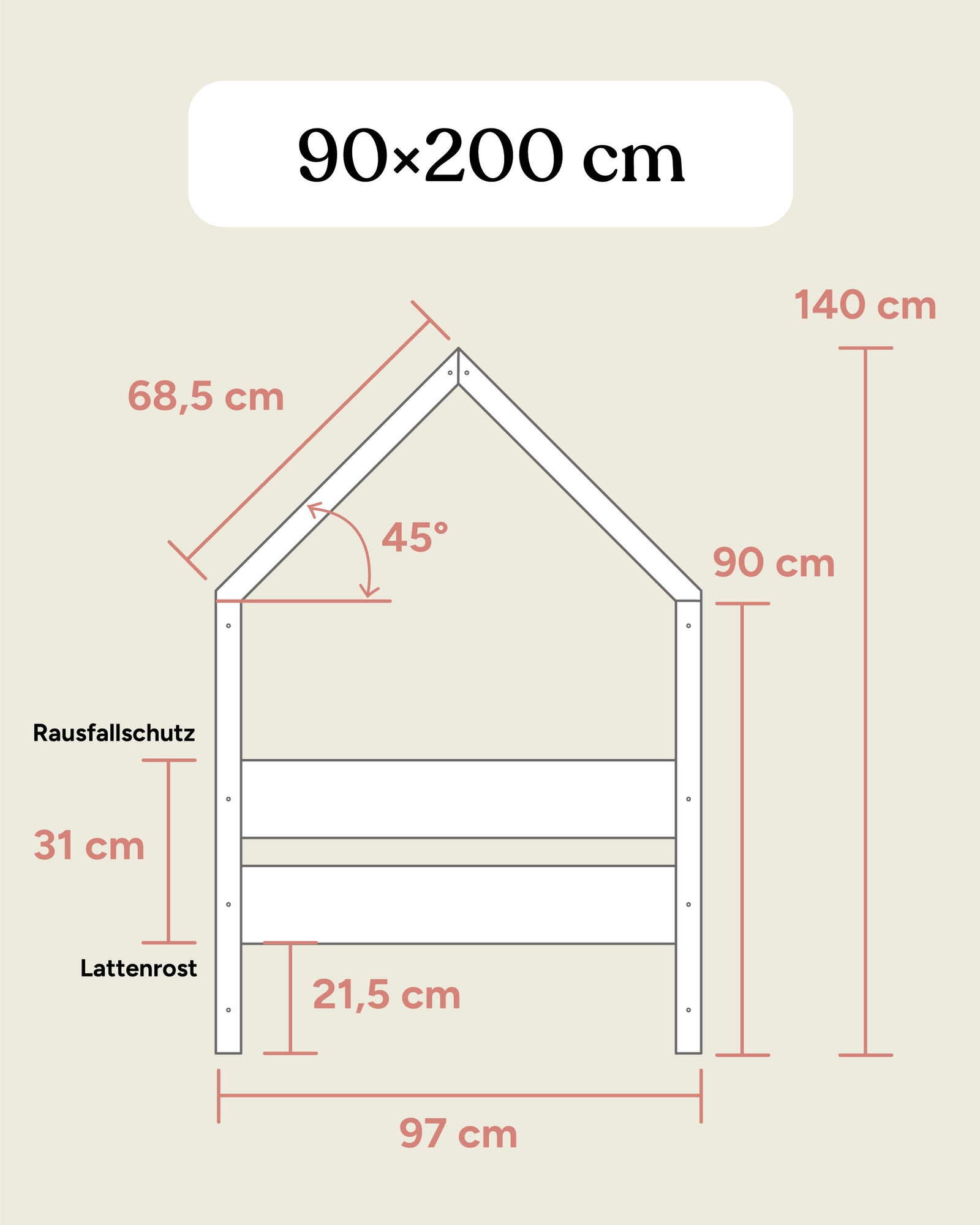 Größengrafik Hausbett Buche B3 90x200 Seitenansicht.