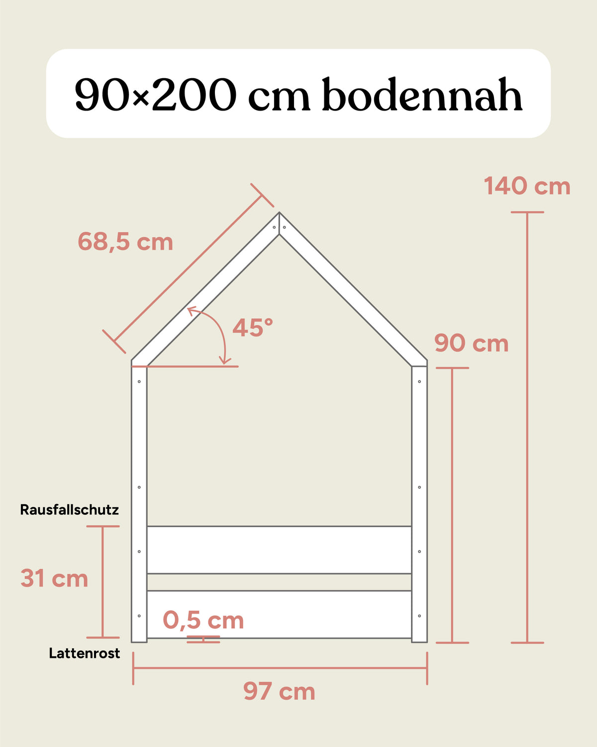 Größengrafik Hausbett Buche B3 90x200 bodennah Seitenansicht.