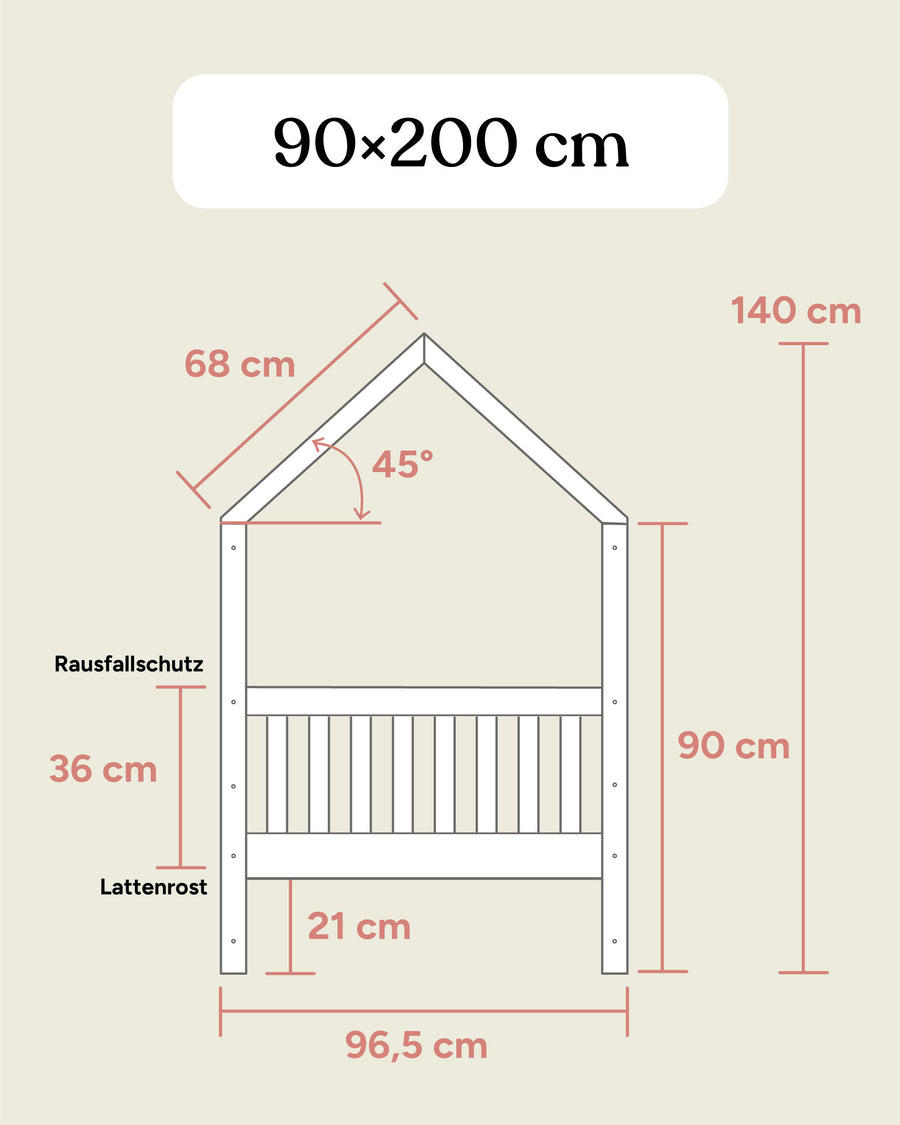 Größengrafik Hausbett Buche 90x200 cm Seitenansicht.