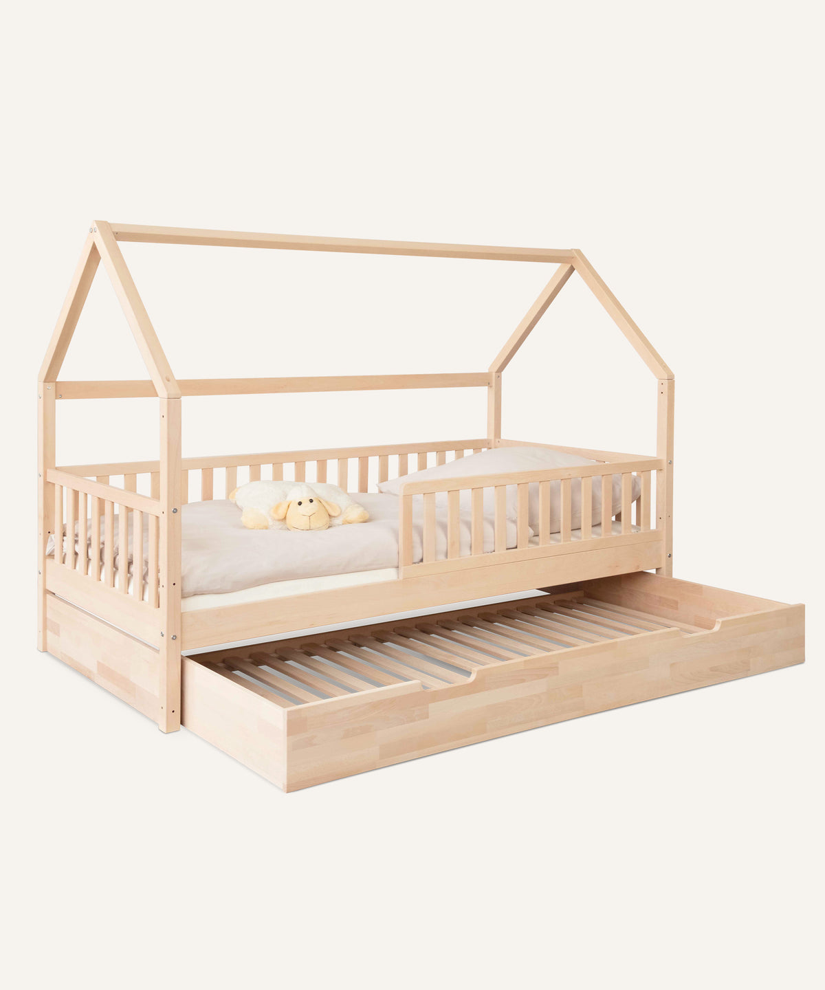 Hausbett Buche 90x200 cm Natur mit Bettkasten.