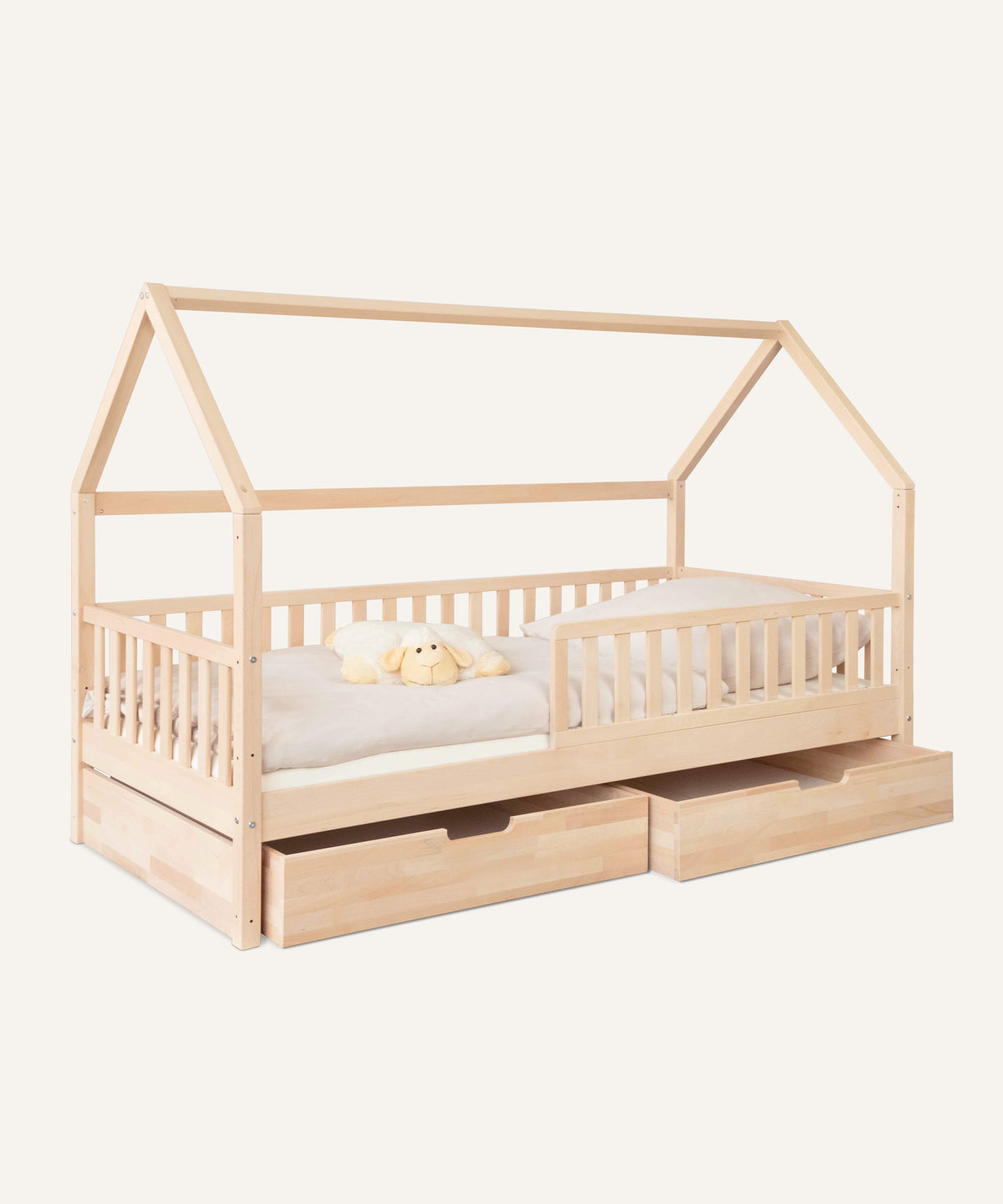 Hausbett Buche 90x200 cm Natur mit Doppelschublade.
