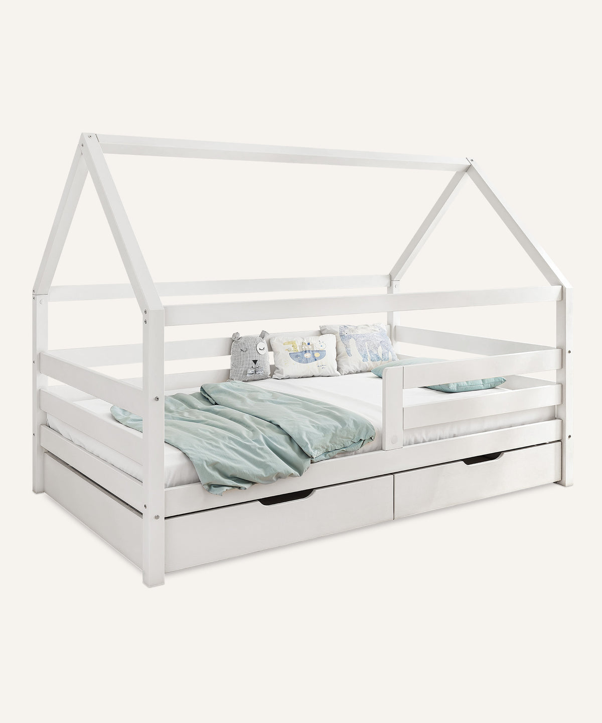 Hausbett Kiefer K3 weiß mit Doppelschublade.