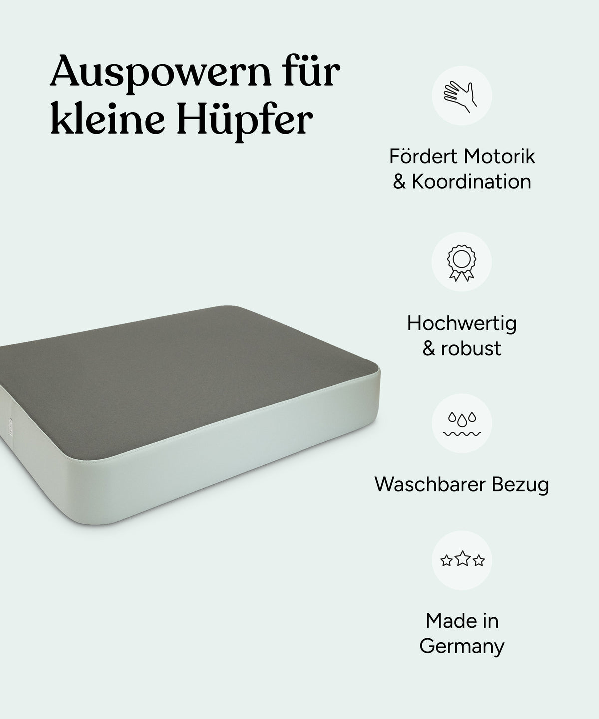 Vorteile des Hüpfkissens: Fördert Motorik und Koordination, hochwertig und robust, waschbarer Bezug, Made in Germany.