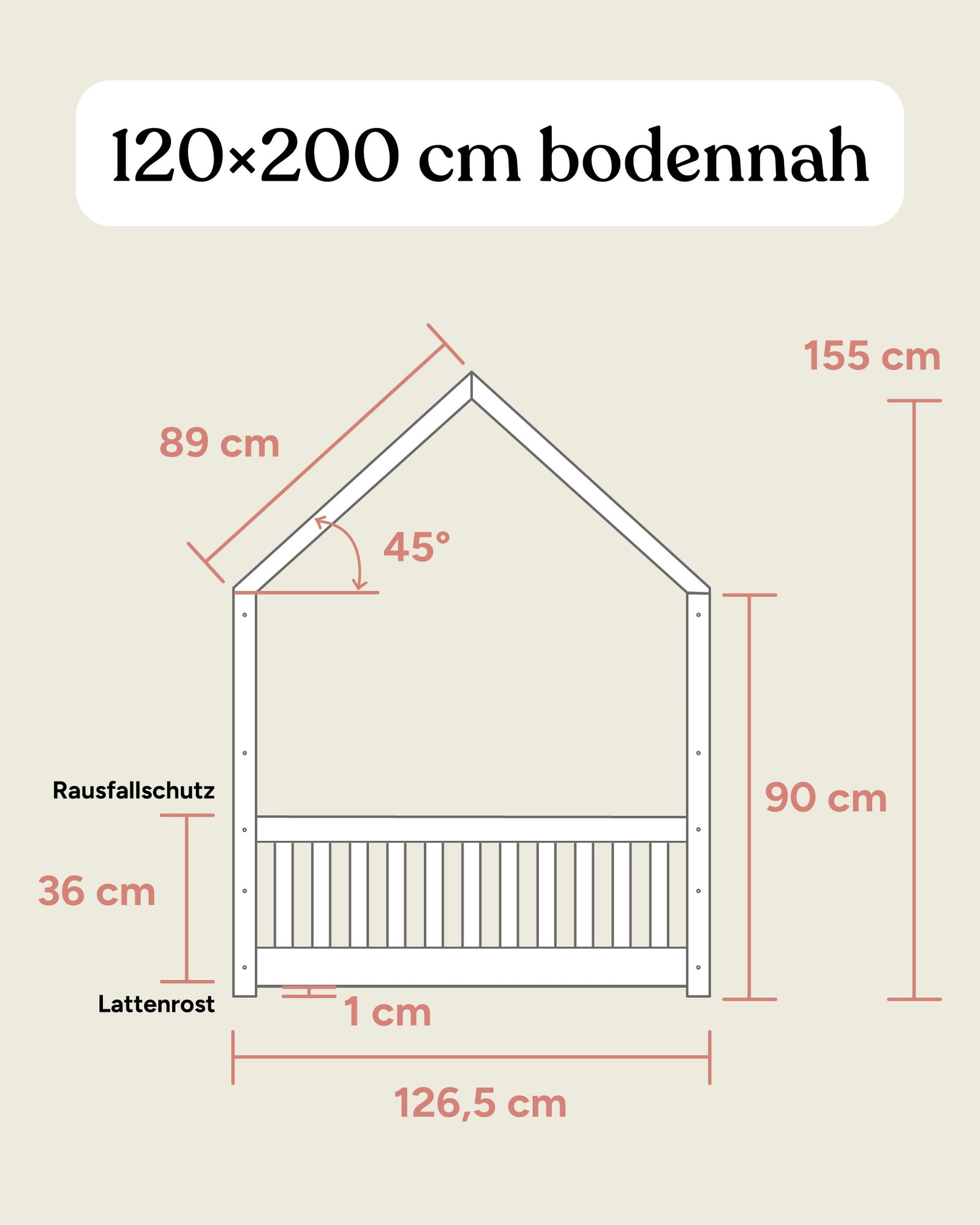 Größengrafik Hausbett Buche 120x200 cm Seitenansicht bodennah.