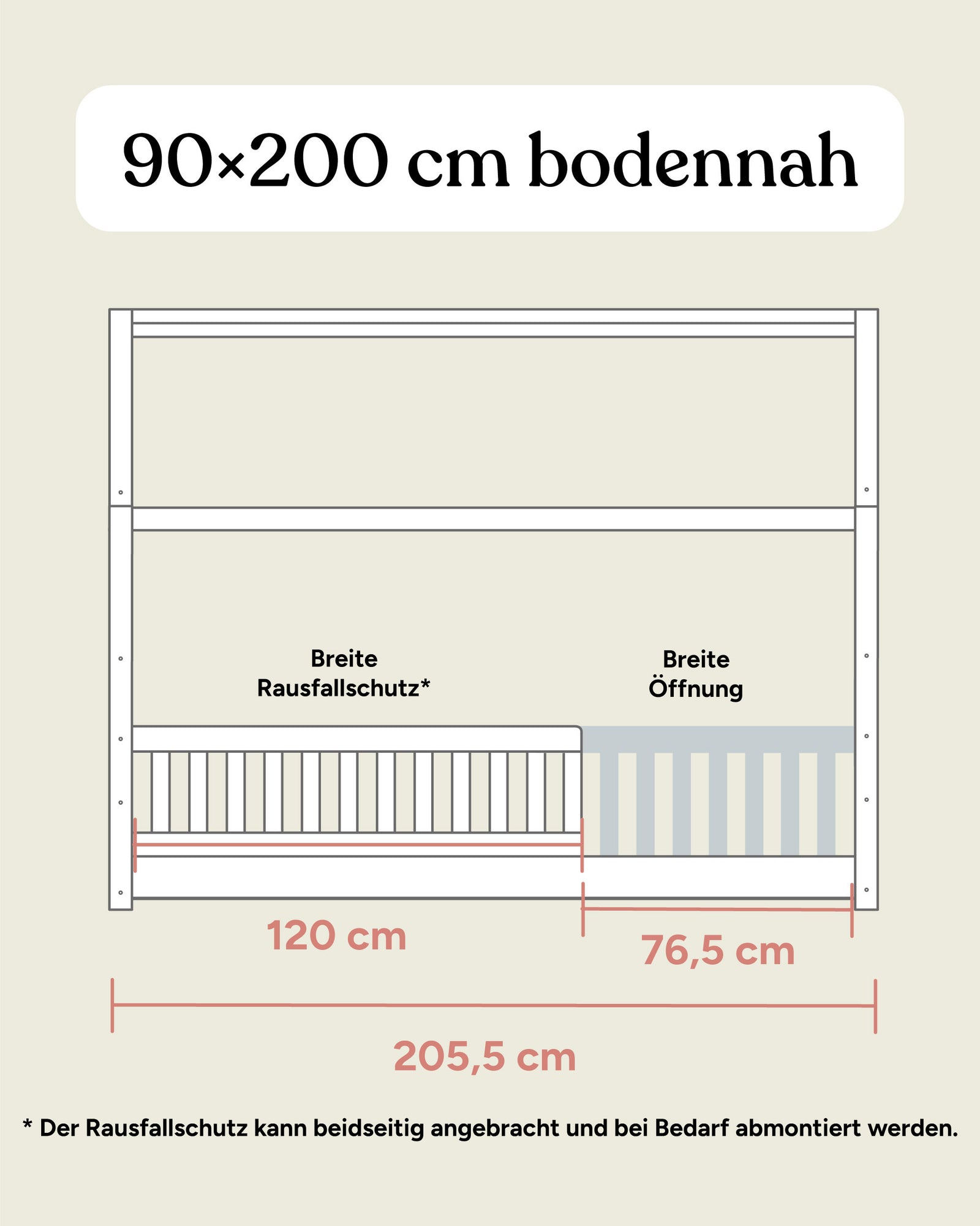 Größengrafik Hausbett Buche 90x200 cm Frontansicht bodennah.