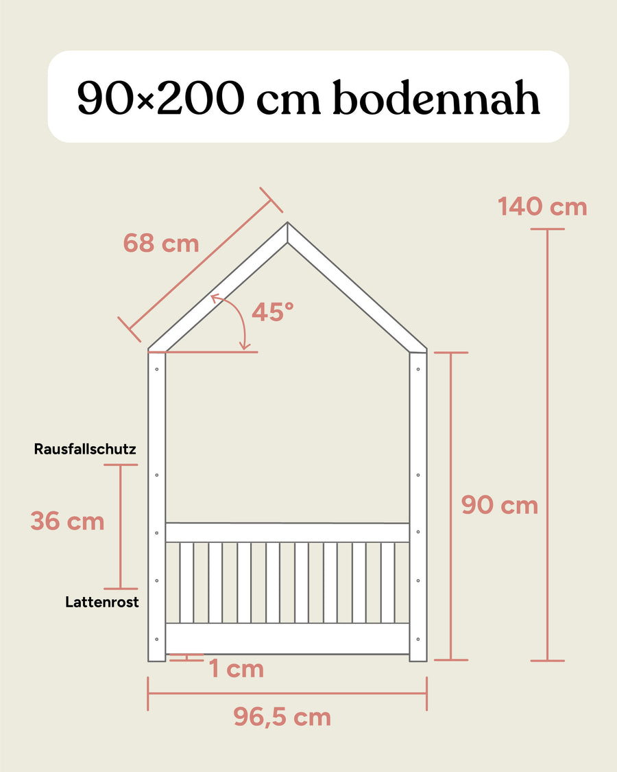 Größengrafik Hausbett Buche 90x200 cm Seitenansicht bodennah.