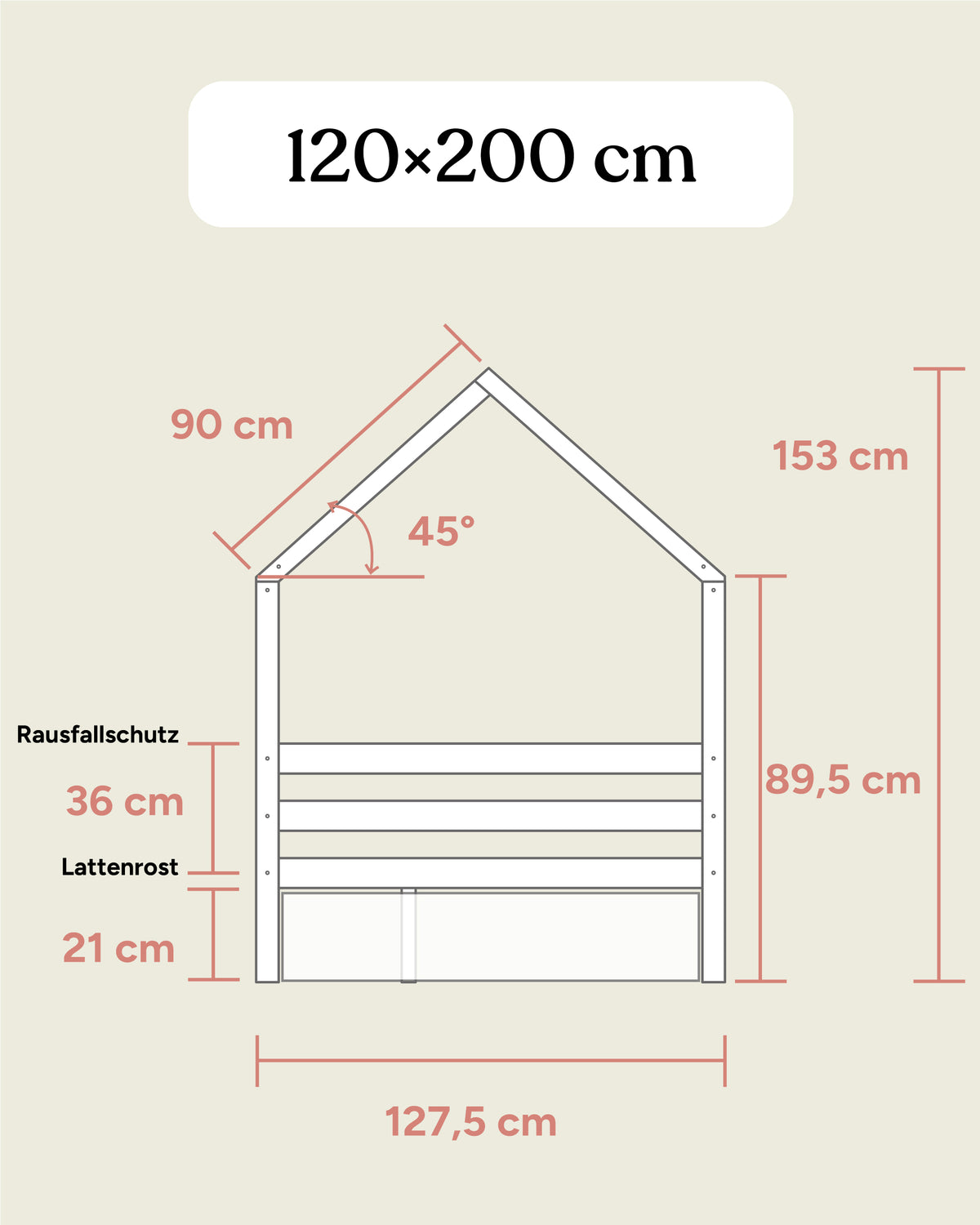 Hausbett Kiefer 120x200 Übersichtsgrafik Maße Frontansicht.