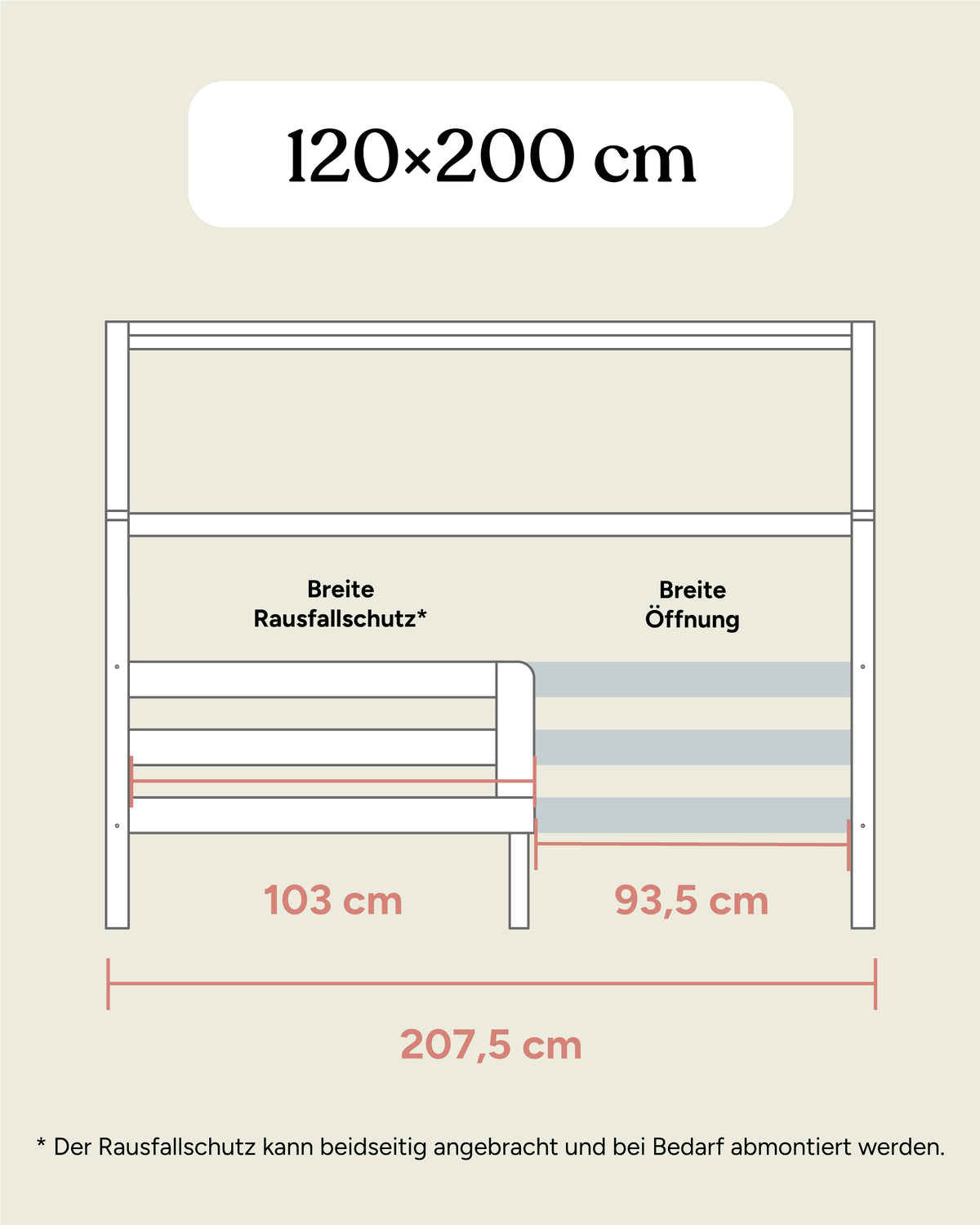Hausbett Kiefer 120x200 Übersichtsgrafik Maße Seitenansicht.