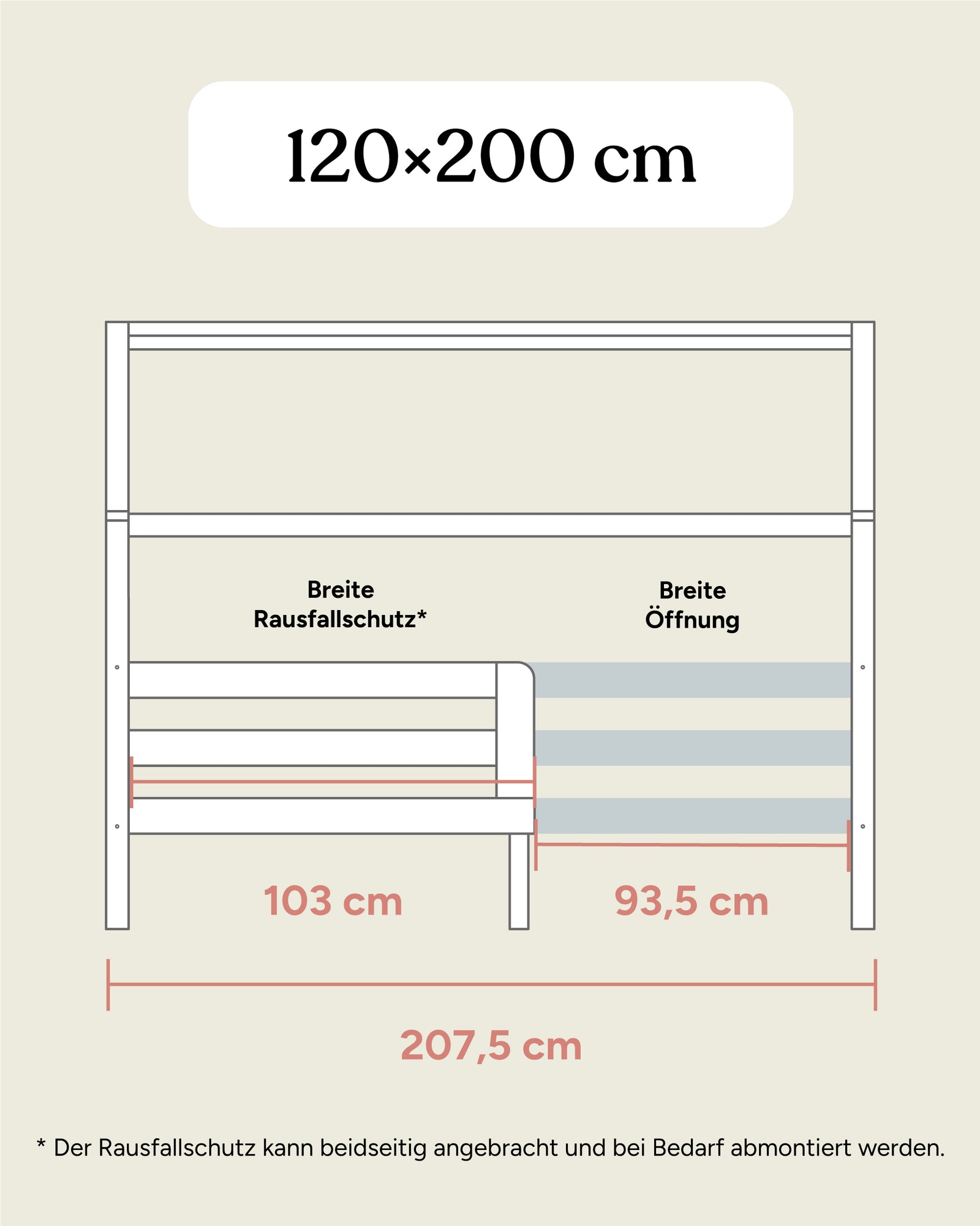 Hausbett Sona 120x200 Übersichtsgrafik Maße Seitenansicht.