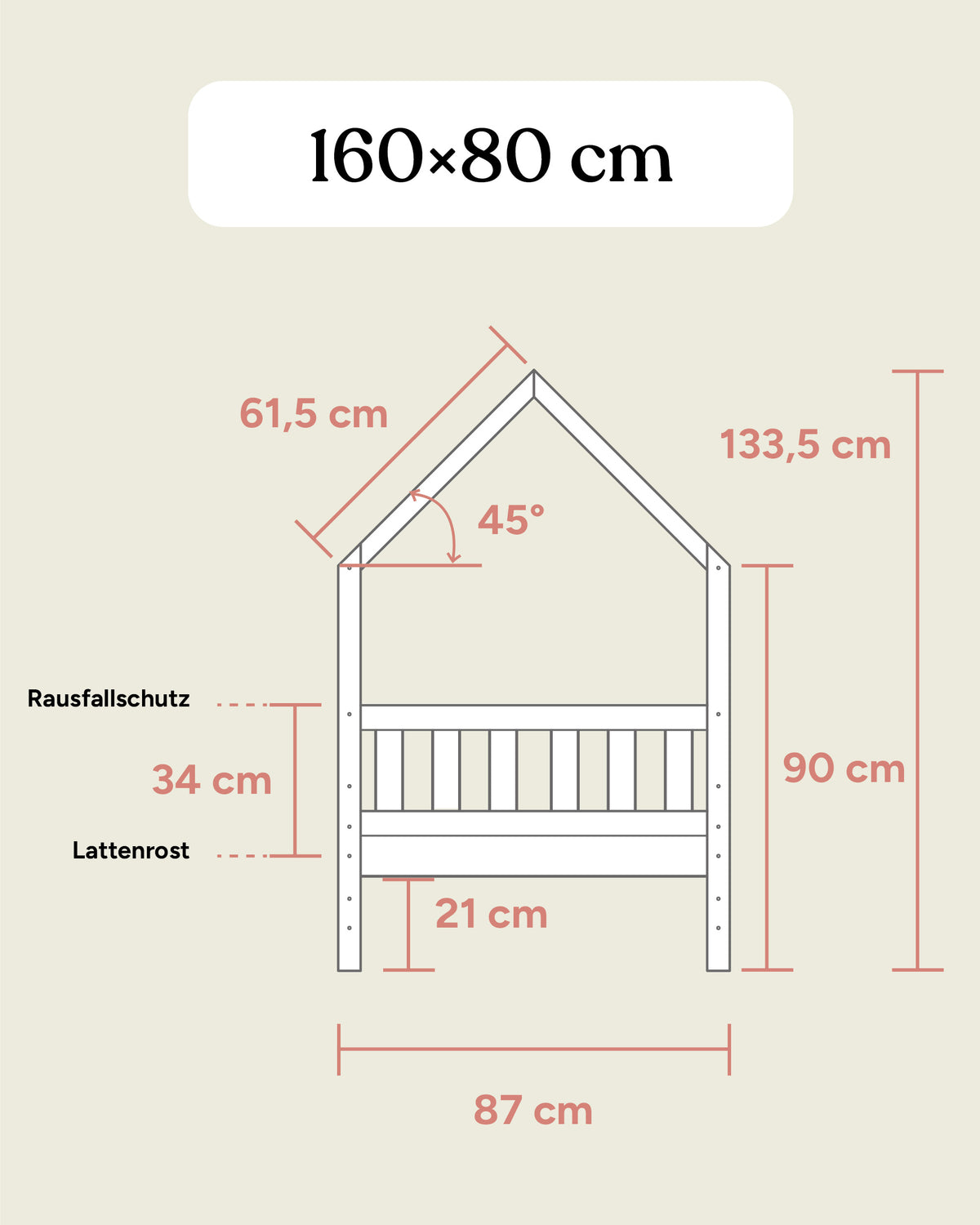 Grafik mit Maßangaben Hausbett Kiefer 160x80 cm Frontansicht.