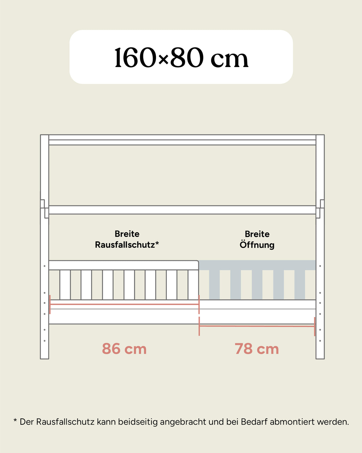 Grafik mit Maßangaben Hausbett Kiefer 160x80 cm Seitenansicht.
