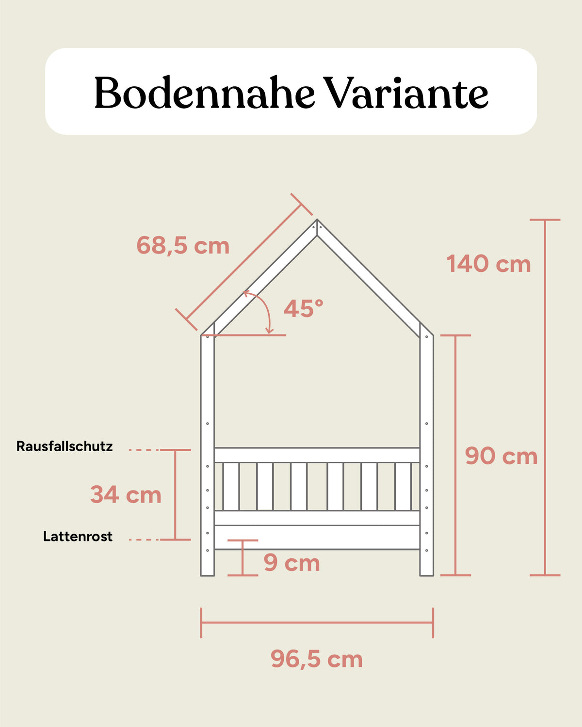 Grafik mit Maßangaben Hausbett Kiefer 200x90 cm bodentief Frontansicht.