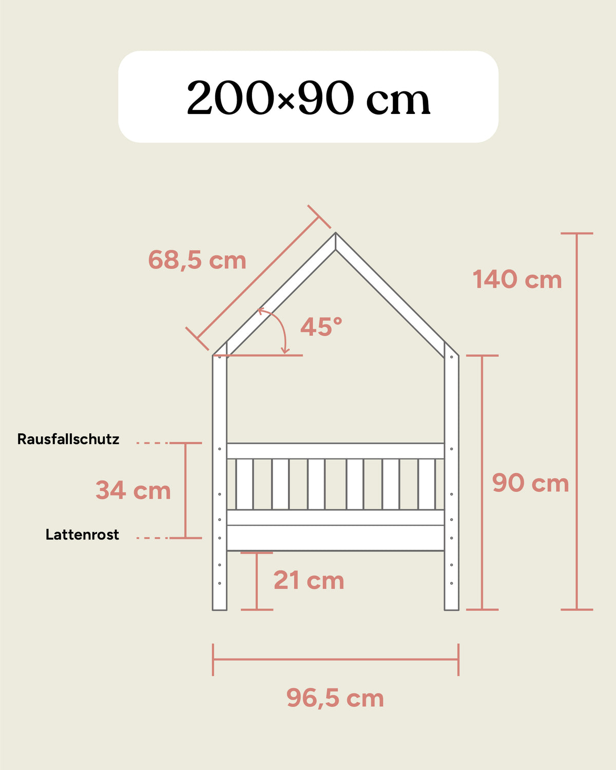 Grafik mit Maßangaben Hausbett Kiefer 200x90 cm Frontansicht.
