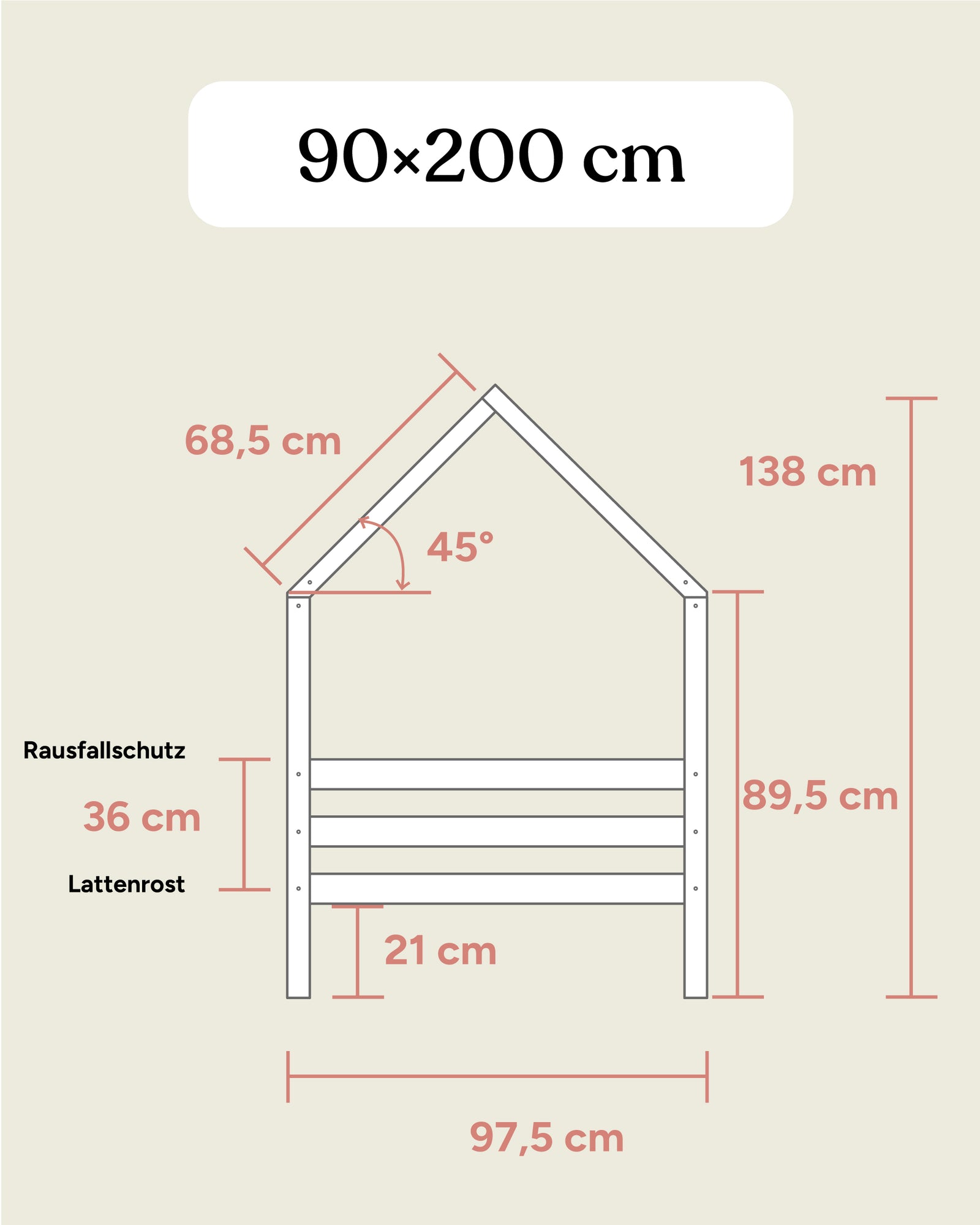 Hausbett Kiefer 90x200 Maße Frontansicht.