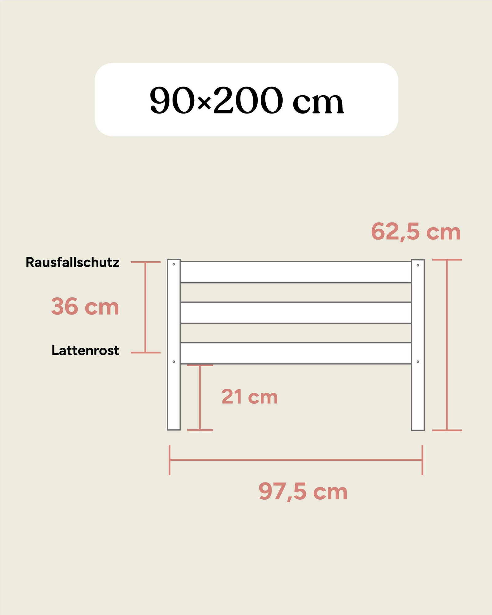 Kinderbett Kiefer K3 90x200 cm Maße Frontansicht.