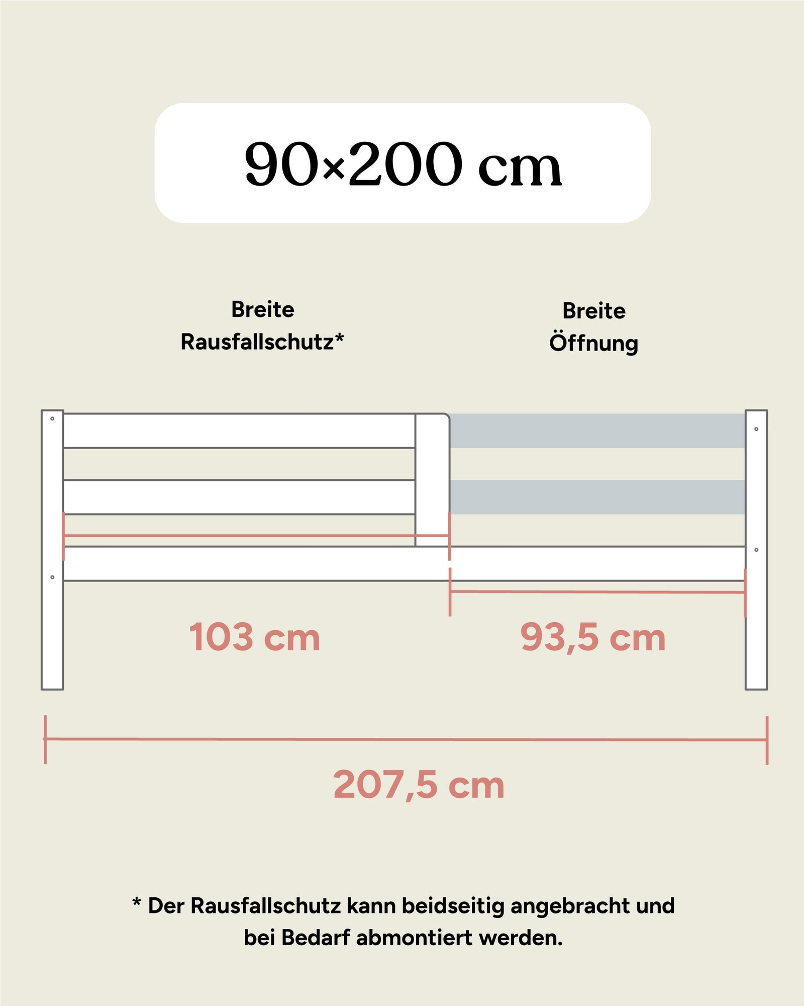 Kinderbett Kiefer K3 90x200 cm Maße Seitenansicht.