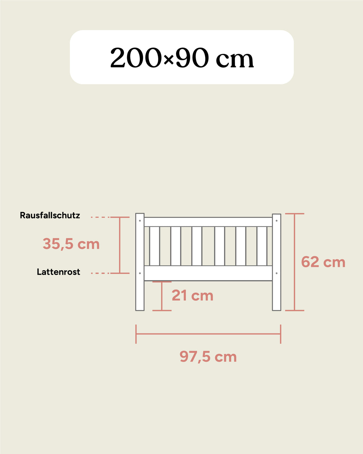 Grafik Maßangaben Kinderbett Kiefer in Größe 90x200 cm Frontansicht.