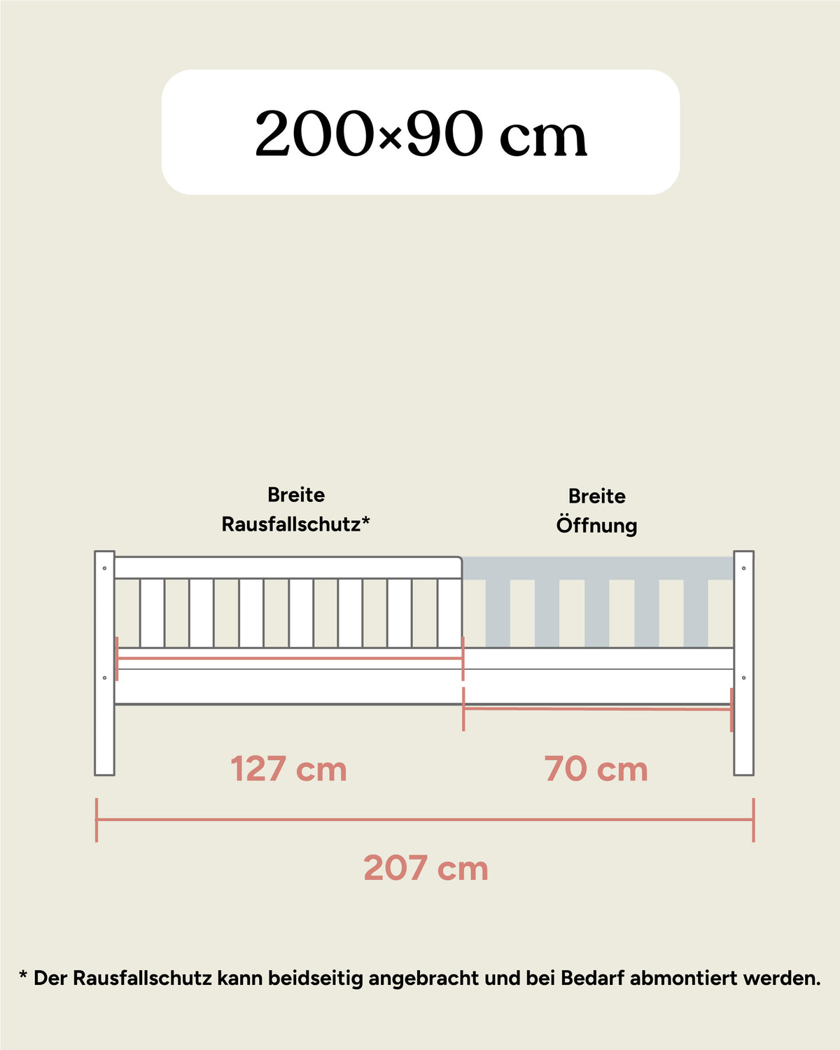 Grafik Maßangaben Kinderbett Kiefer in Größe 90x200 cm Frontansicht.