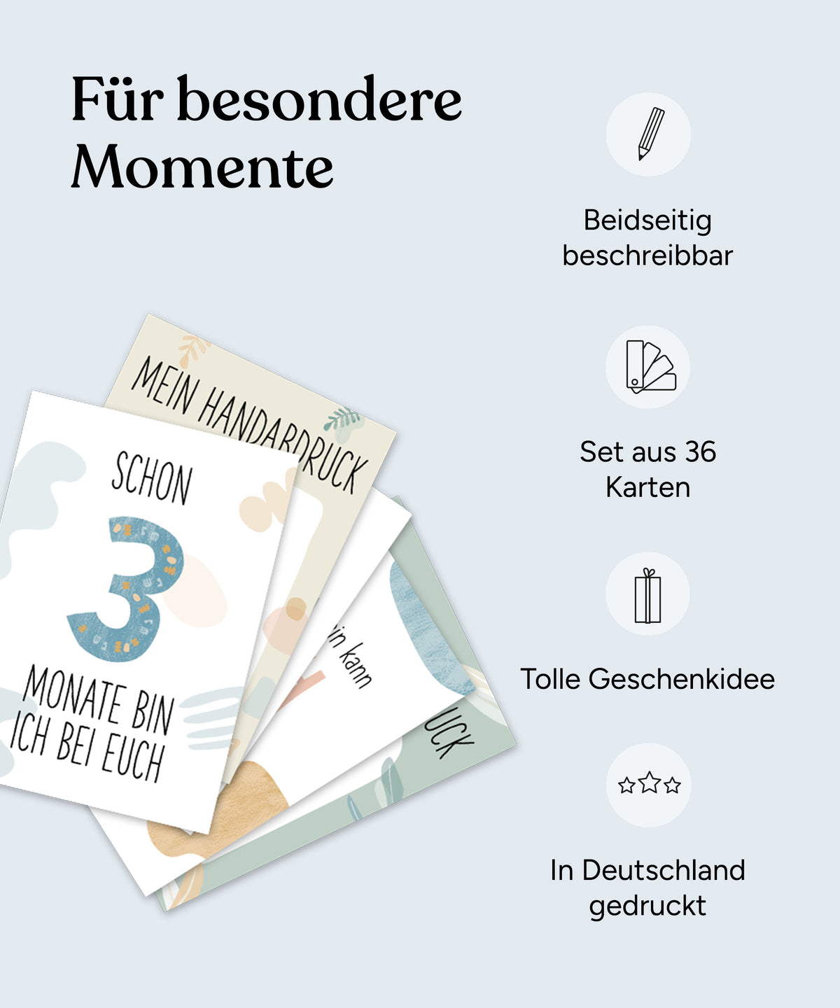 Vorteile der Meilensteinkarten: Beidseitig beschreibbar, Set aus 36 Karten, tolle Geschenkidee, in Deutschland gedruckt.